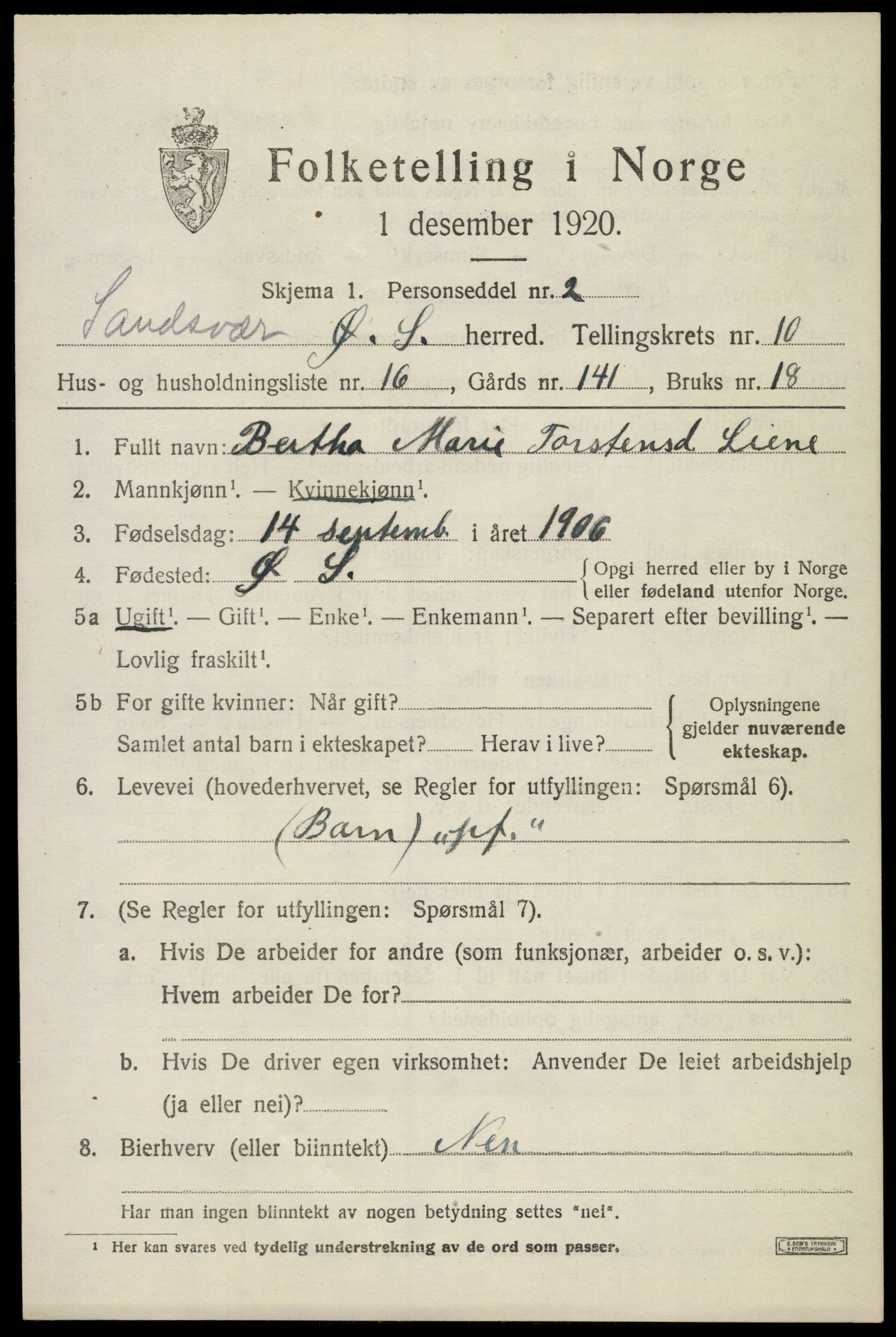 SAKO, 1920 census for Øvre Sandsvær, 1920, p. 5720