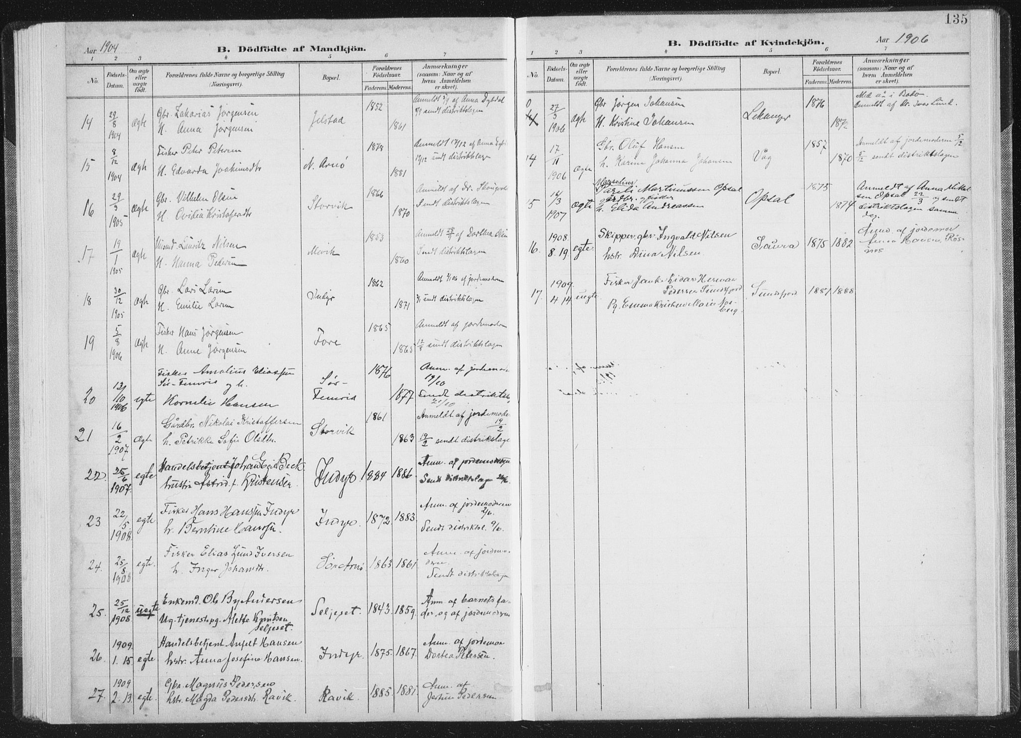 Ministerialprotokoller, klokkerbøker og fødselsregistre - Nordland, AV/SAT-A-1459/805/L0102: Parish register (official) no. 805A08I, 1900-1909, p. 135