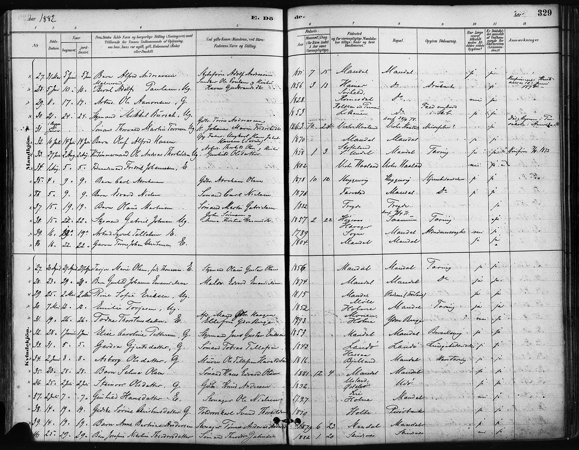 Mandal sokneprestkontor, SAK/1111-0030/F/Fa/Faa/L0016: Parish register (official) no. A 16, 1880-1890, p. 329
