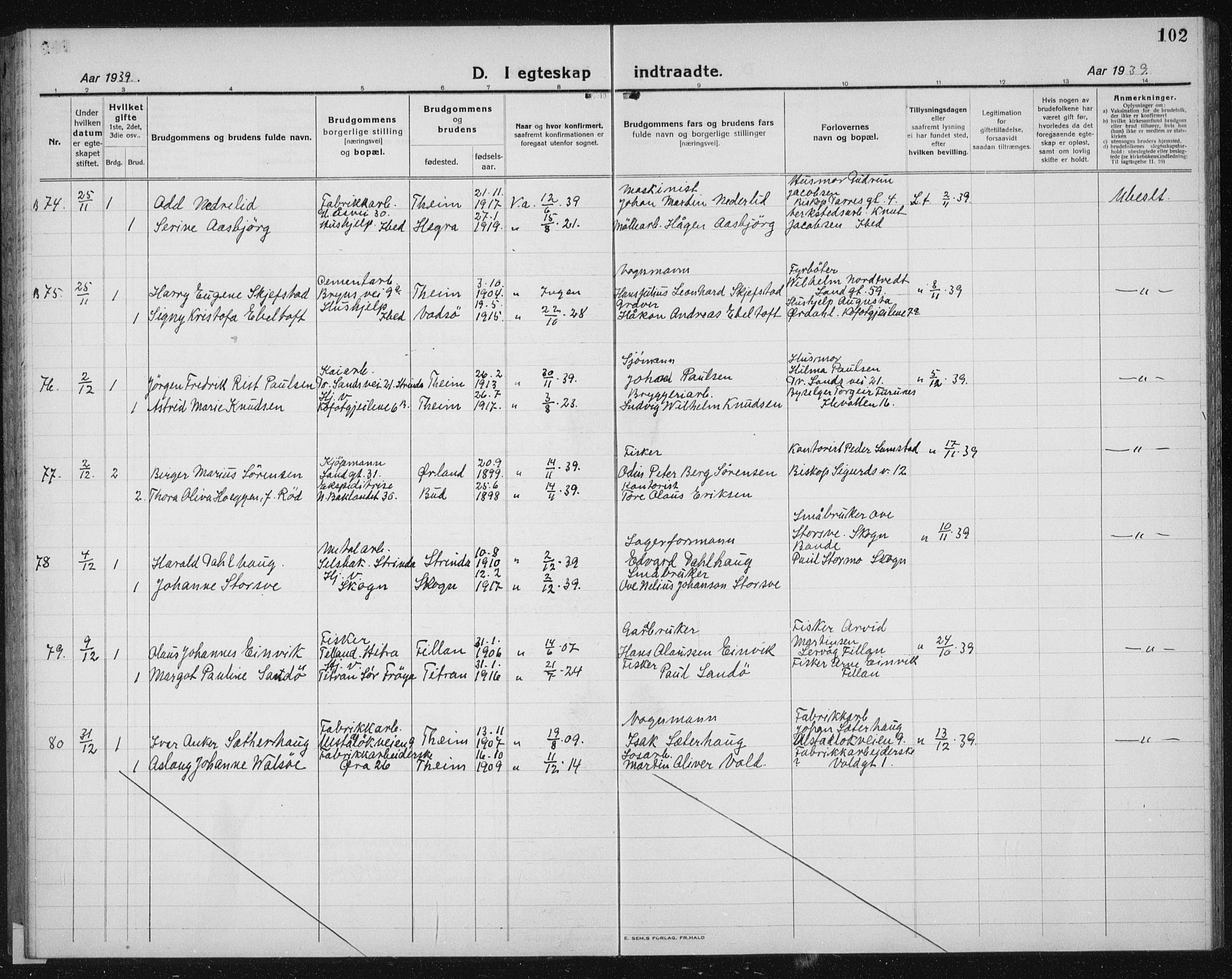Ministerialprotokoller, klokkerbøker og fødselsregistre - Sør-Trøndelag, SAT/A-1456/603/L0176: Parish register (copy) no. 603C04, 1923-1941, p. 102