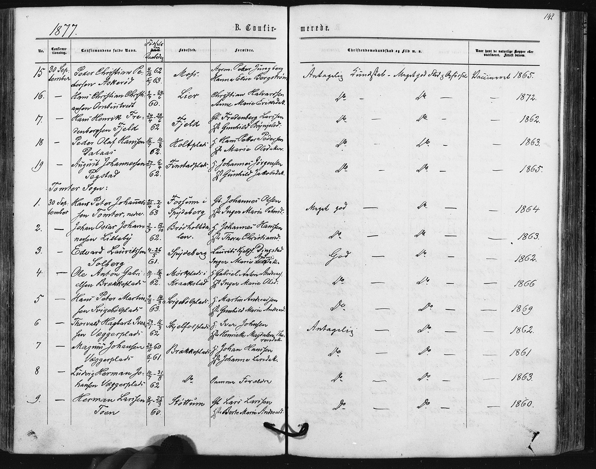 Hobøl prestekontor Kirkebøker, AV/SAO-A-2002/F/Fa/L0004: Parish register (official) no. I 4, 1865-1877, p. 142