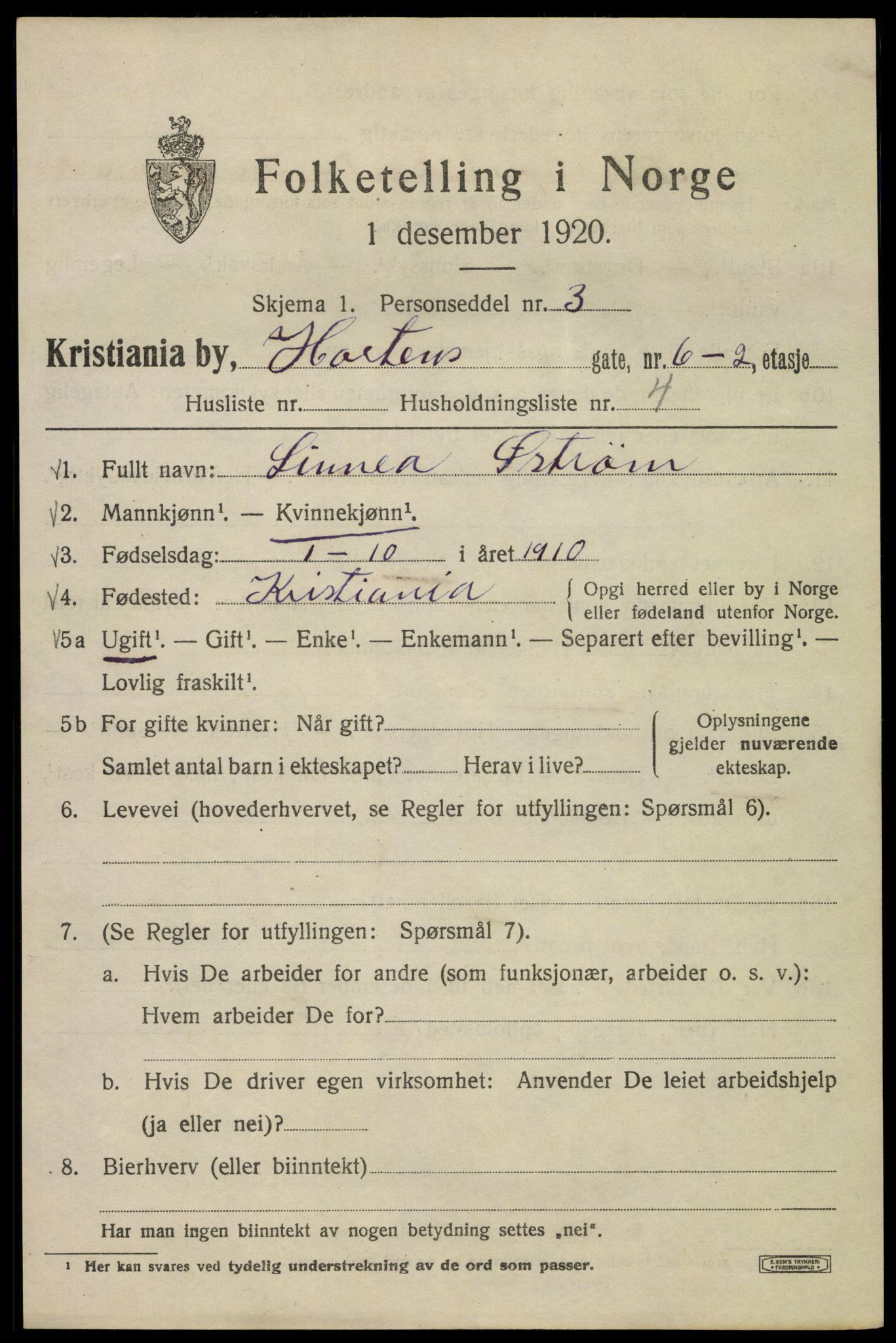 SAO, 1920 census for Kristiania, 1920, p. 299051