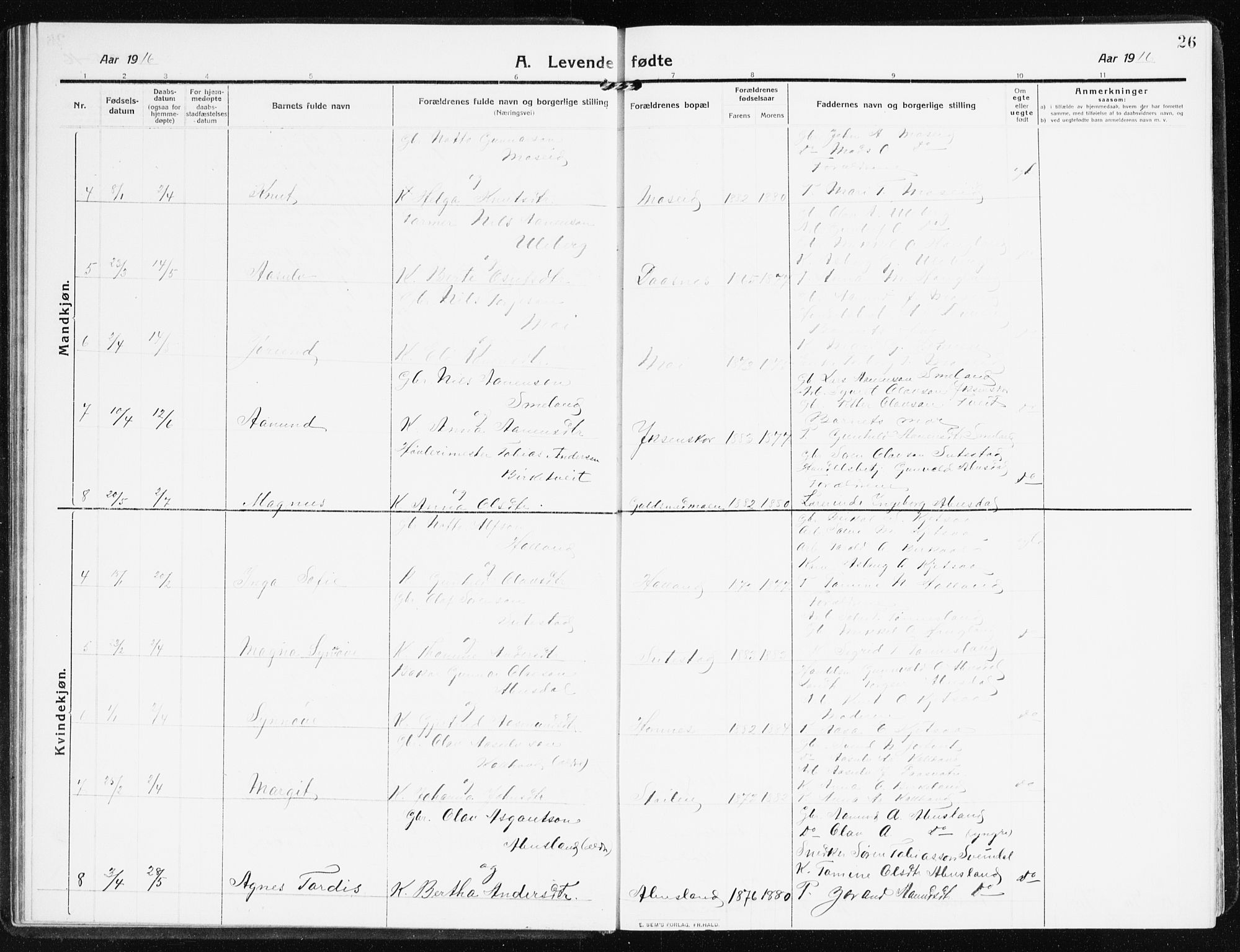 Evje sokneprestkontor, AV/SAK-1111-0008/F/Fb/Fbb/L0003: Parish register (copy) no. B 3, 1910-1933, p. 26