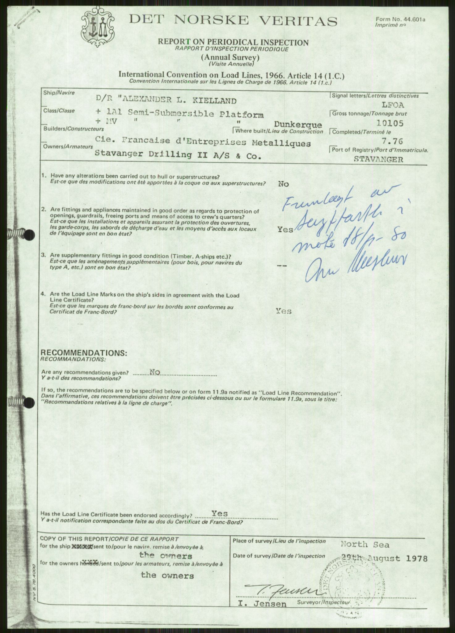 Justisdepartementet, Granskningskommisjonen ved Alexander Kielland-ulykken 27.3.1980, RA/S-1165/D/L0001: 0001-0002 Avhørskommisjonen - navnelister og protokoller fra avhør/0003 Survey report, 1980-1981, p. 912