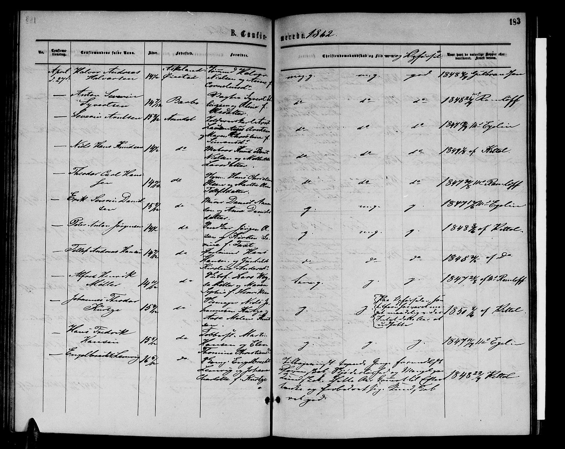 Arendal sokneprestkontor, Trefoldighet, SAK/1111-0040/F/Fb/L0004: Parish register (copy) no. B 4, 1861-1873, p. 183