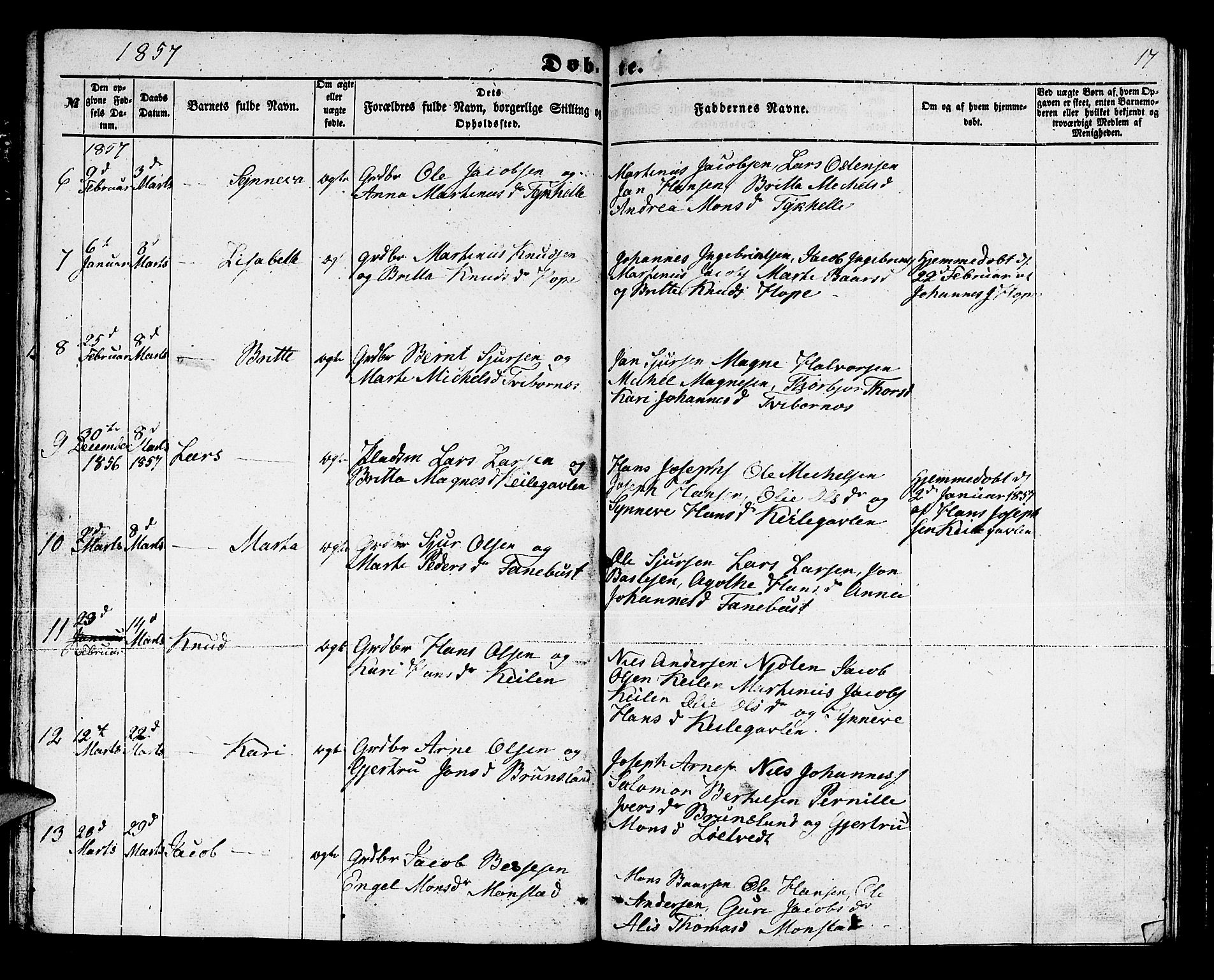 Lindås Sokneprestembete, SAB/A-76701/H/Hab: Parish register (copy) no. B 1, 1853-1866, p. 17