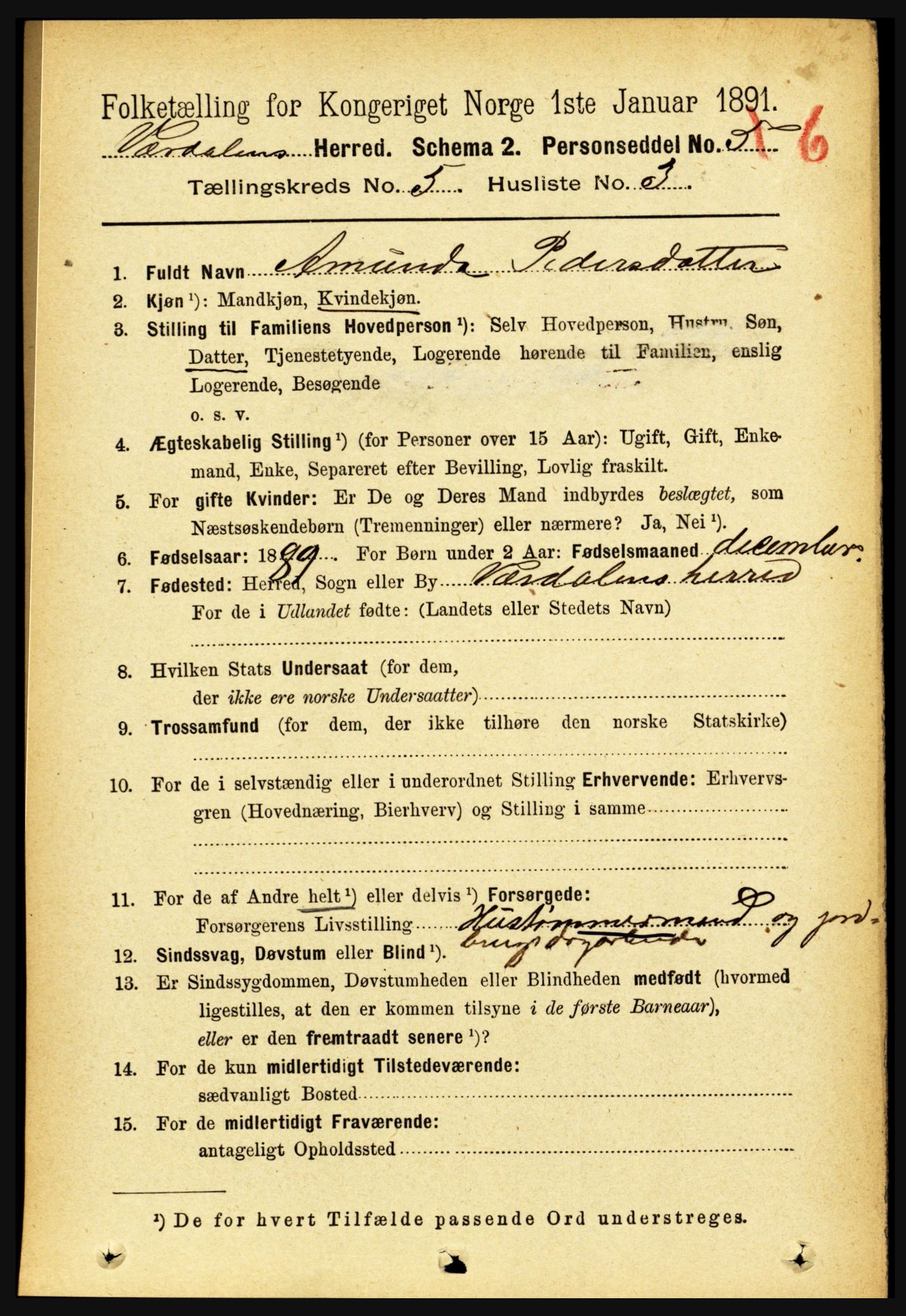 RA, 1891 census for 1721 Verdal, 1891, p. 3009