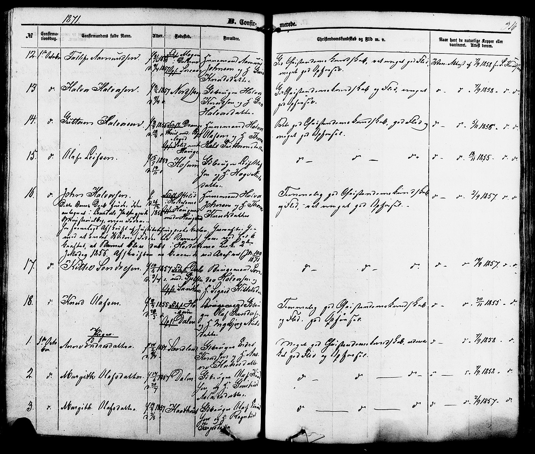 Kviteseid kirkebøker, AV/SAKO-A-276/F/Fa/L0007: Parish register (official) no. I 7, 1859-1881, p. 316