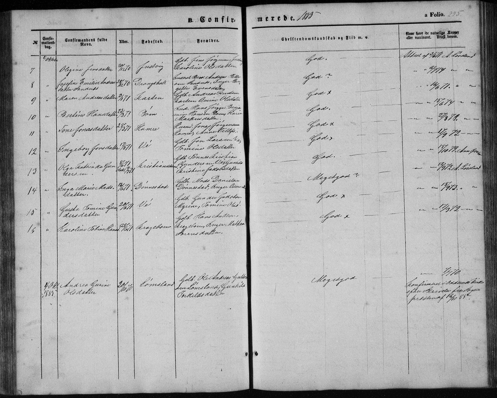 Tveit sokneprestkontor, AV/SAK-1111-0043/F/Fb/L0003: Parish register (copy) no. B 3, 1854-1886, p. 225