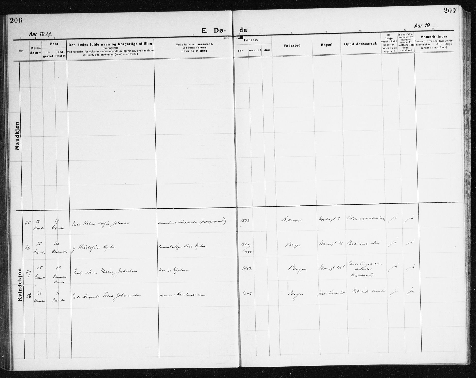 Årstad Sokneprestembete, AV/SAB-A-79301/H/Haa/L0010: Parish register (official) no. E 1, 1921-1940, p. 206-207