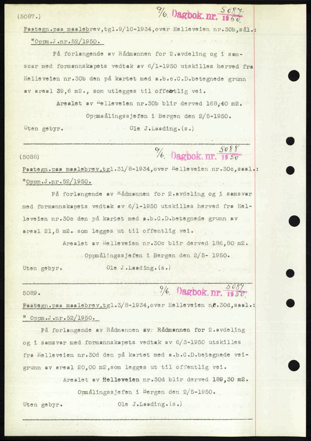 Byfogd og Byskriver i Bergen, AV/SAB-A-3401/03/03Bc/L0033: Mortgage book no. A26-27, 1950-1950, Diary no: : 5087/1950