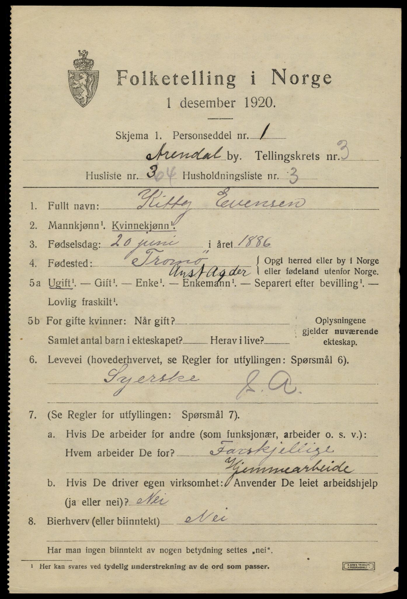 SAK, 1920 census for Arendal, 1920, p. 11610