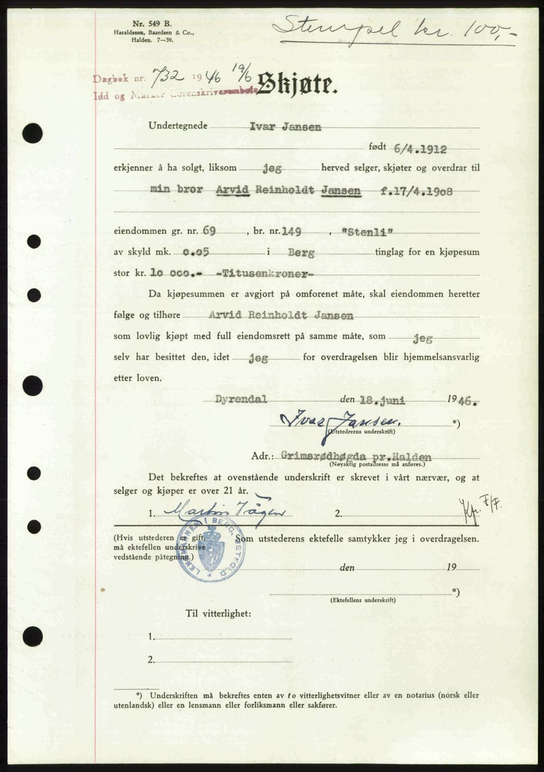 Idd og Marker sorenskriveri, AV/SAO-A-10283/G/Gb/Gbb/L0008: Mortgage book no. A8, 1946-1946, Diary no: : 732/1946