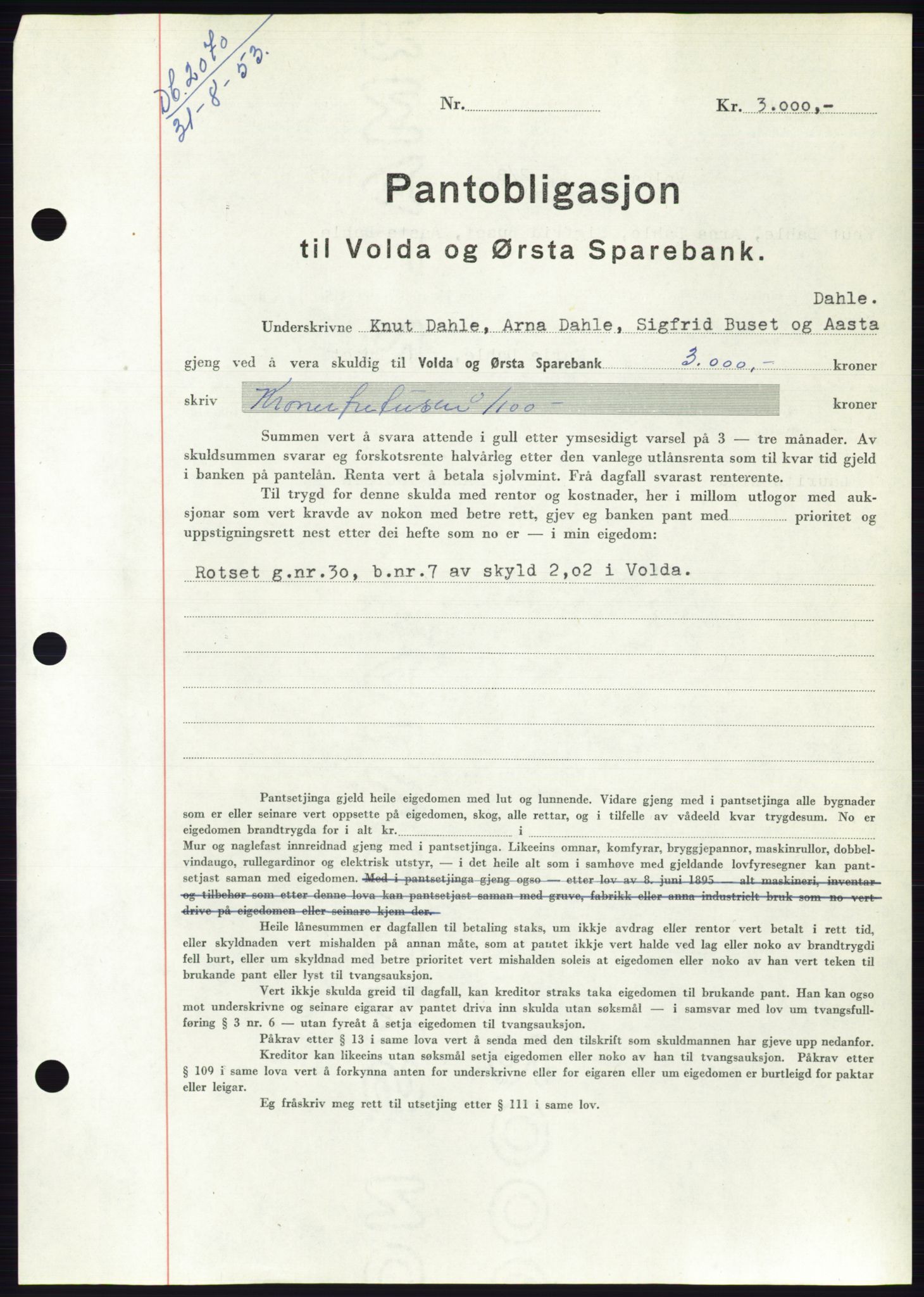 Søre Sunnmøre sorenskriveri, AV/SAT-A-4122/1/2/2C/L0123: Mortgage book no. 11B, 1953-1953, Diary no: : 2070/1953