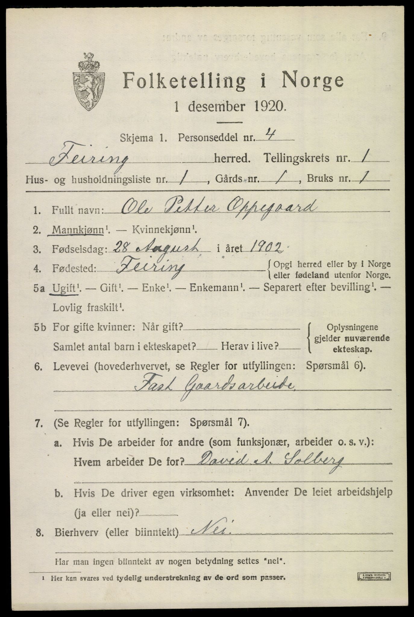 SAO, 1920 census for Feiring, 1920, p. 432