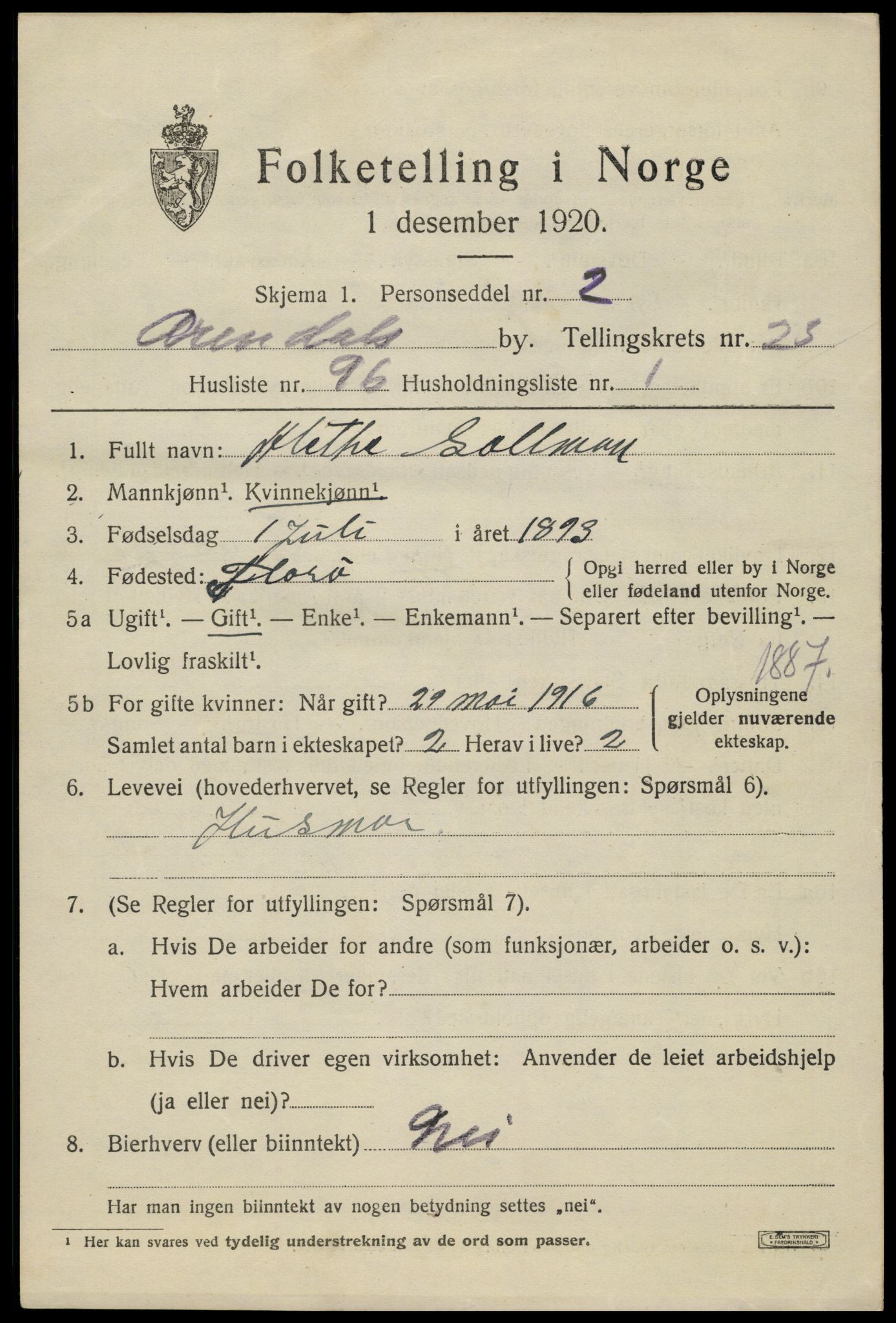 SAK, 1920 census for Arendal, 1920, p. 29786