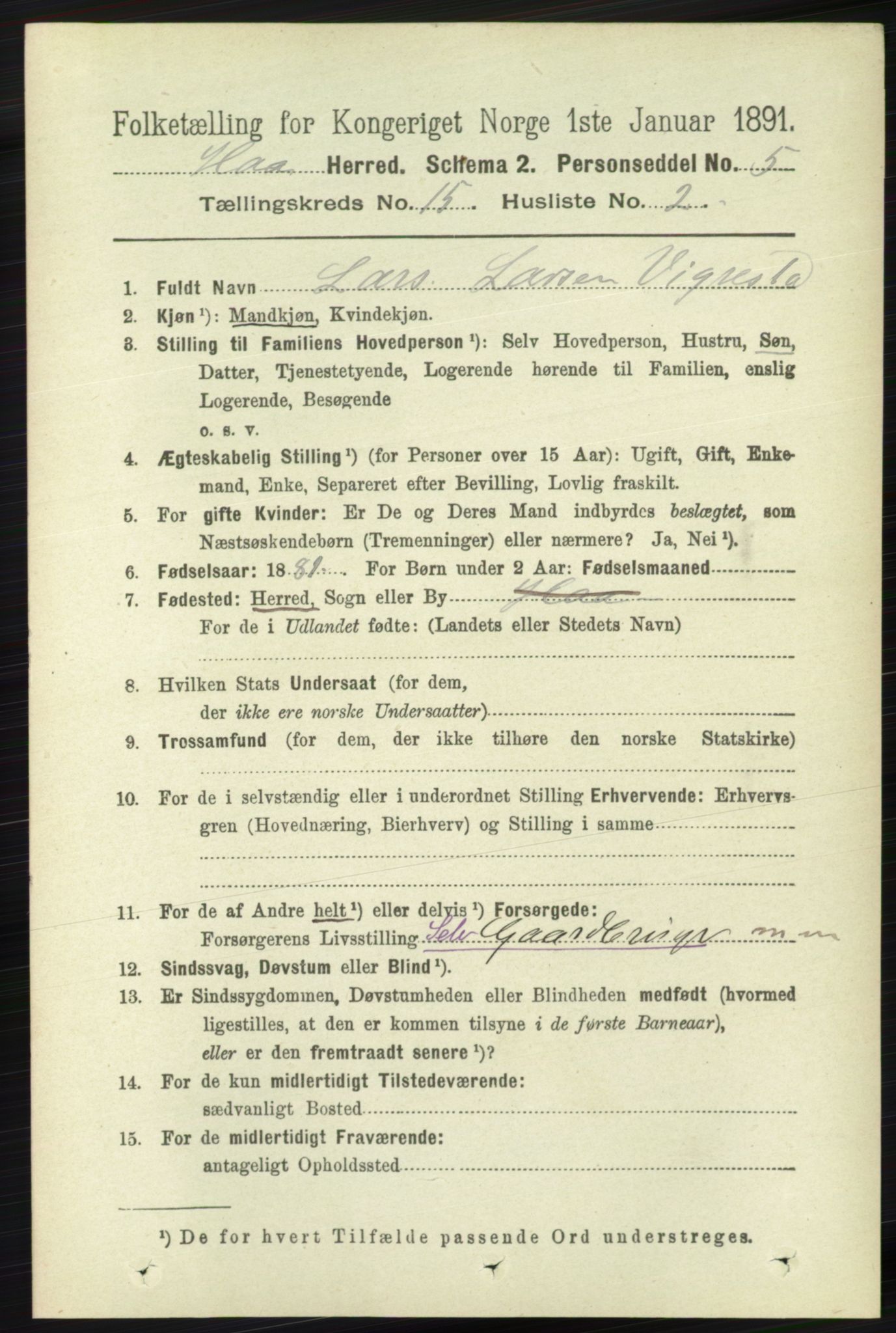 RA, 1891 census for 1119 Hå, 1891, p. 3652