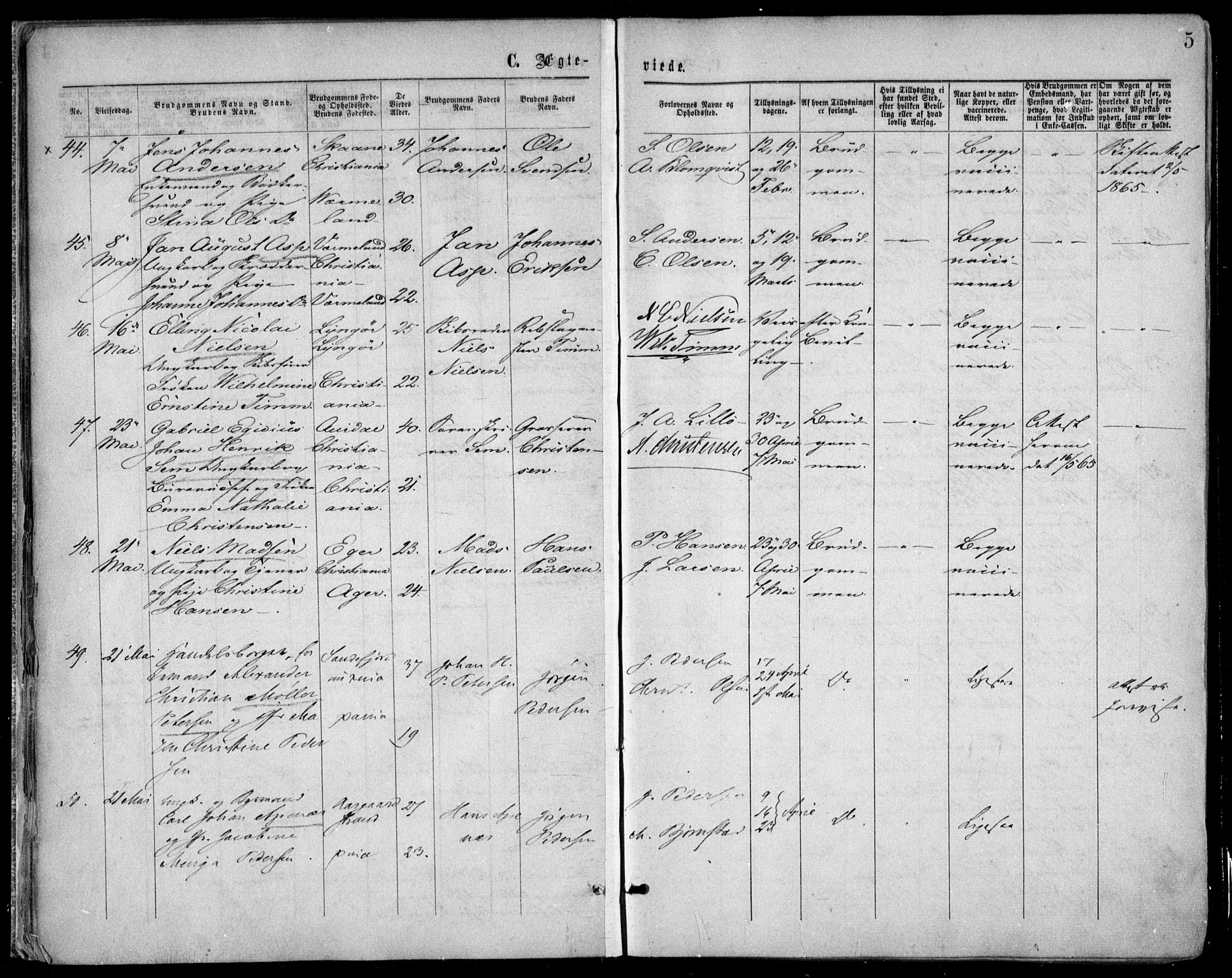 Oslo domkirke Kirkebøker, AV/SAO-A-10752/F/Fa/L0021: Parish register (official) no. 21, 1865-1884, p. 5