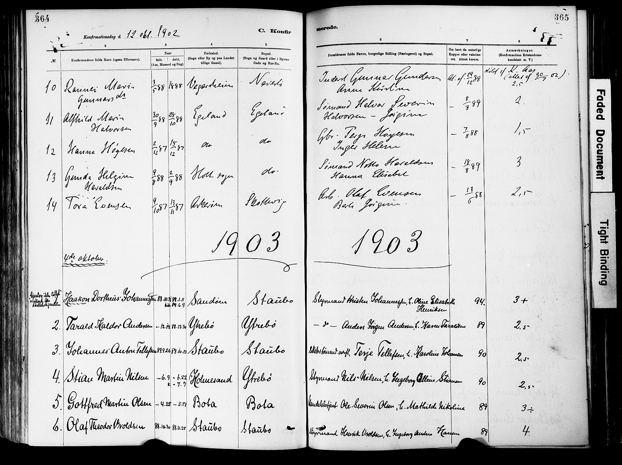 Dypvåg sokneprestkontor, SAK/1111-0007/F/Fa/Fab/L0001: Parish register (official) no. A 1, 1885-1912, p. 364-365