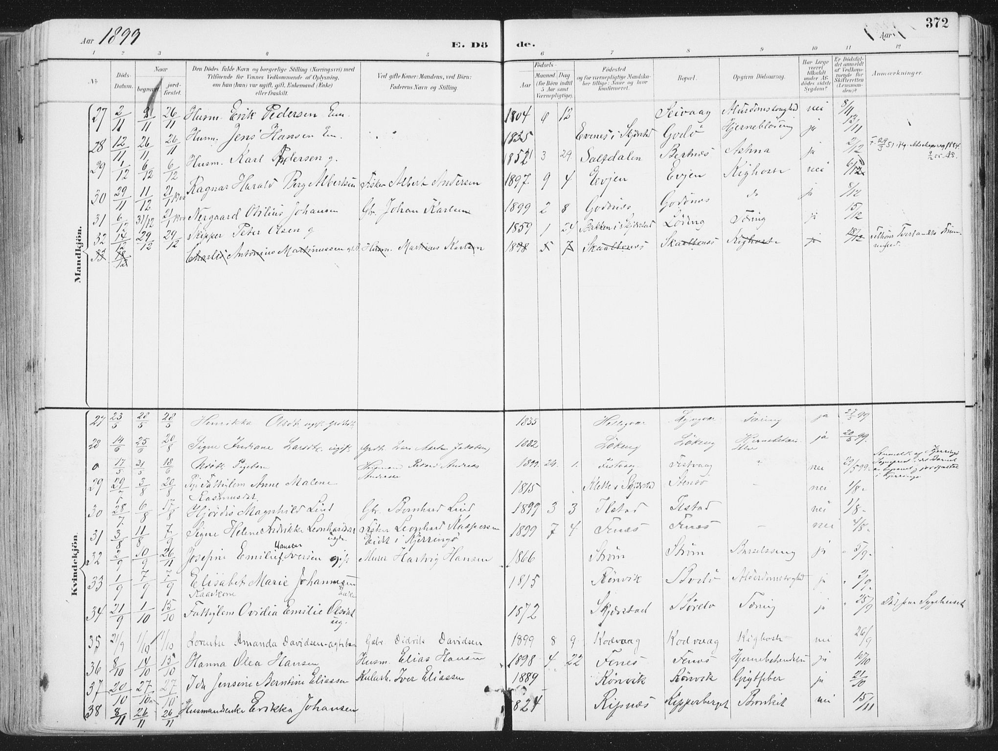 Ministerialprotokoller, klokkerbøker og fødselsregistre - Nordland, SAT/A-1459/802/L0055: Parish register (official) no. 802A02, 1894-1915, p. 372