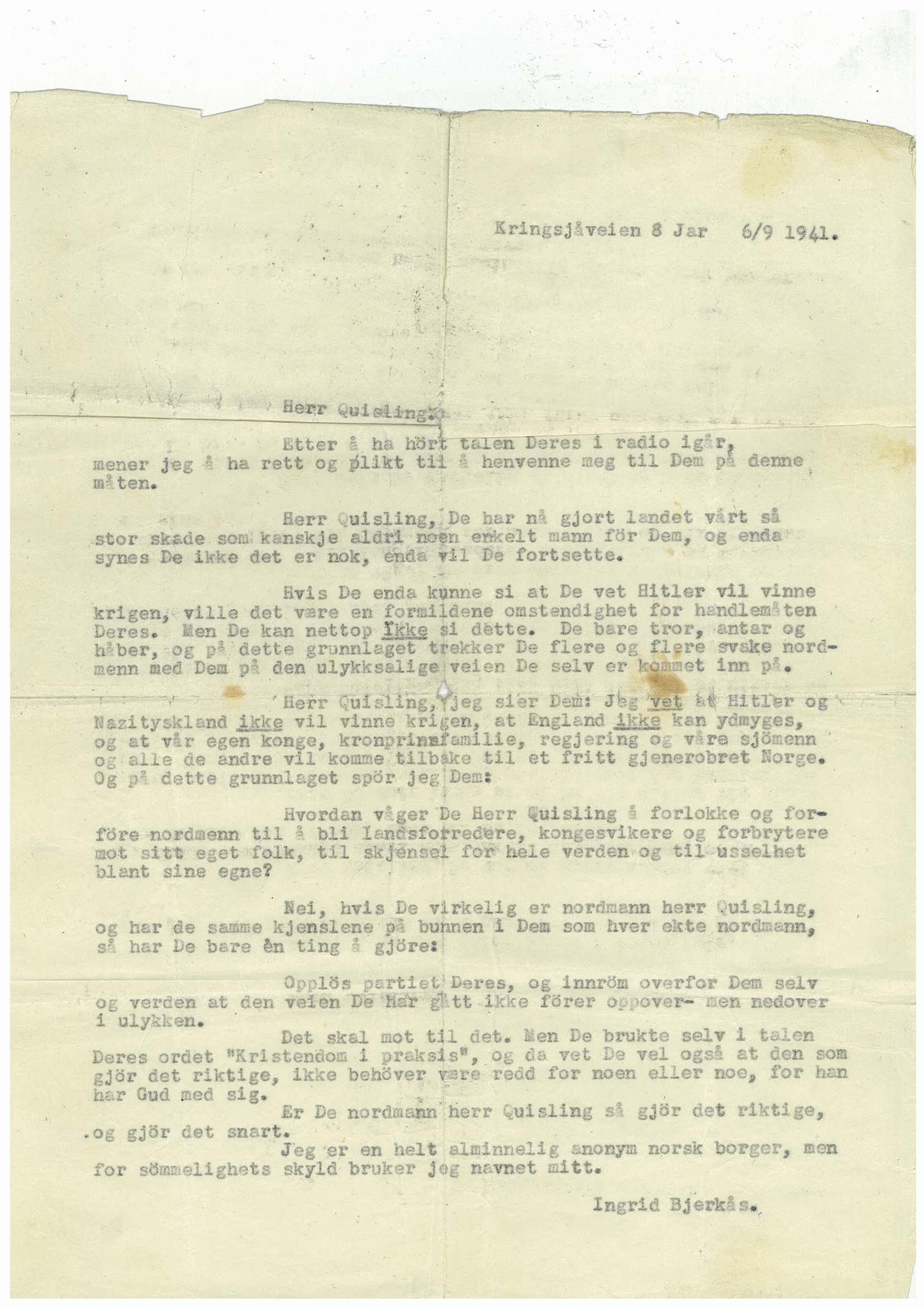 Bjerkås, Ingrid, AV/RA-PA-1366/G/L0001/0006: -- / Korrespondanse m.m. vedrørende kontakt med okkupasjonsmyndigheten 1940-1945, 1941-1942, p. 1