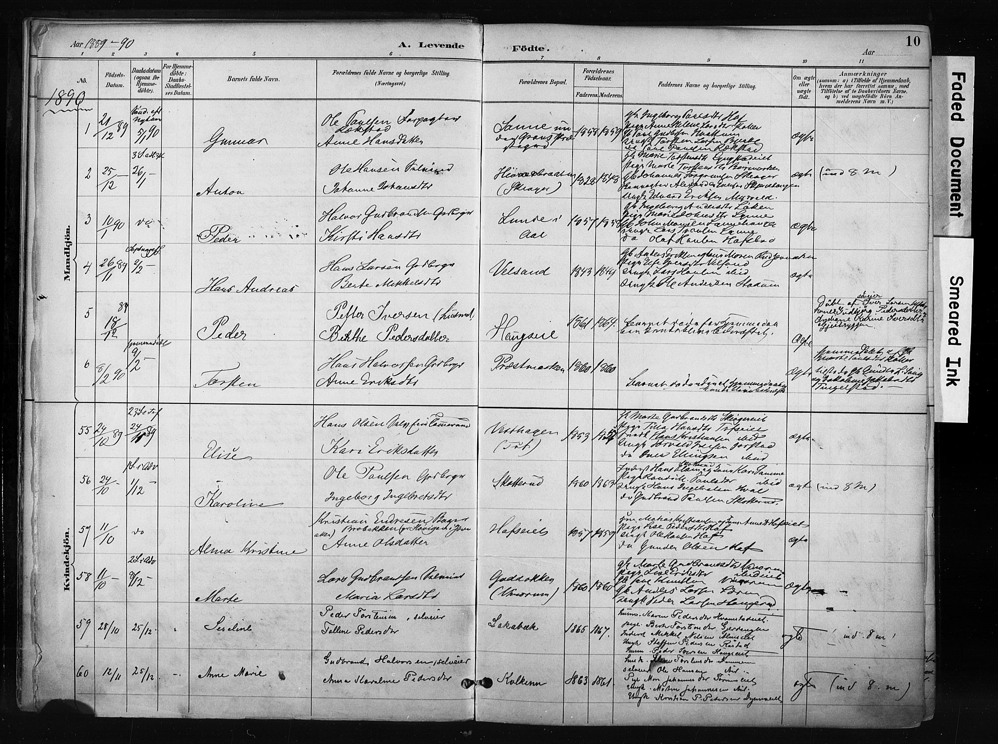Gran prestekontor, SAH/PREST-112/H/Ha/Haa/L0017: Parish register (official) no. 17, 1889-1897, p. 10