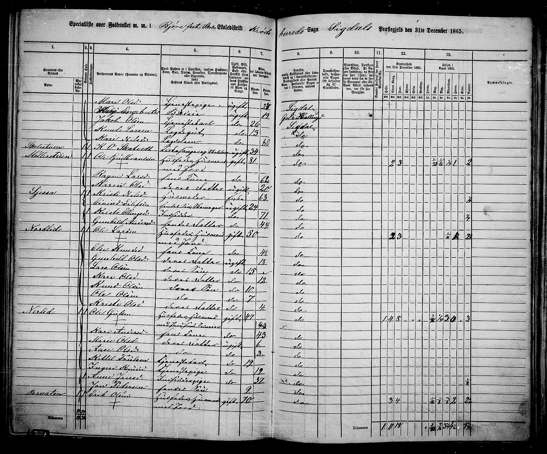 RA, 1865 census for Sigdal, 1865, p. 233