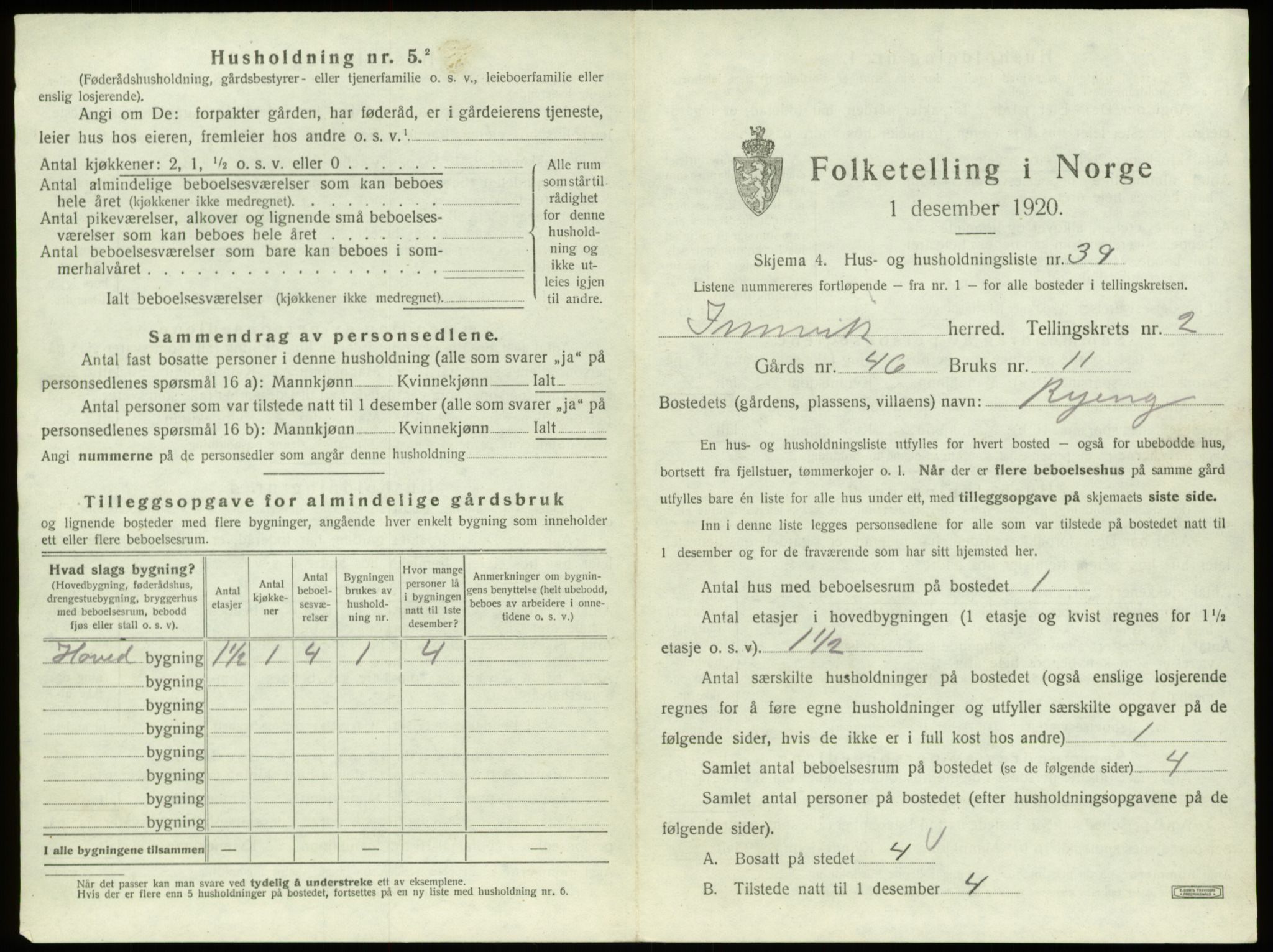 SAB, 1920 census for Innvik, 1920, p. 152