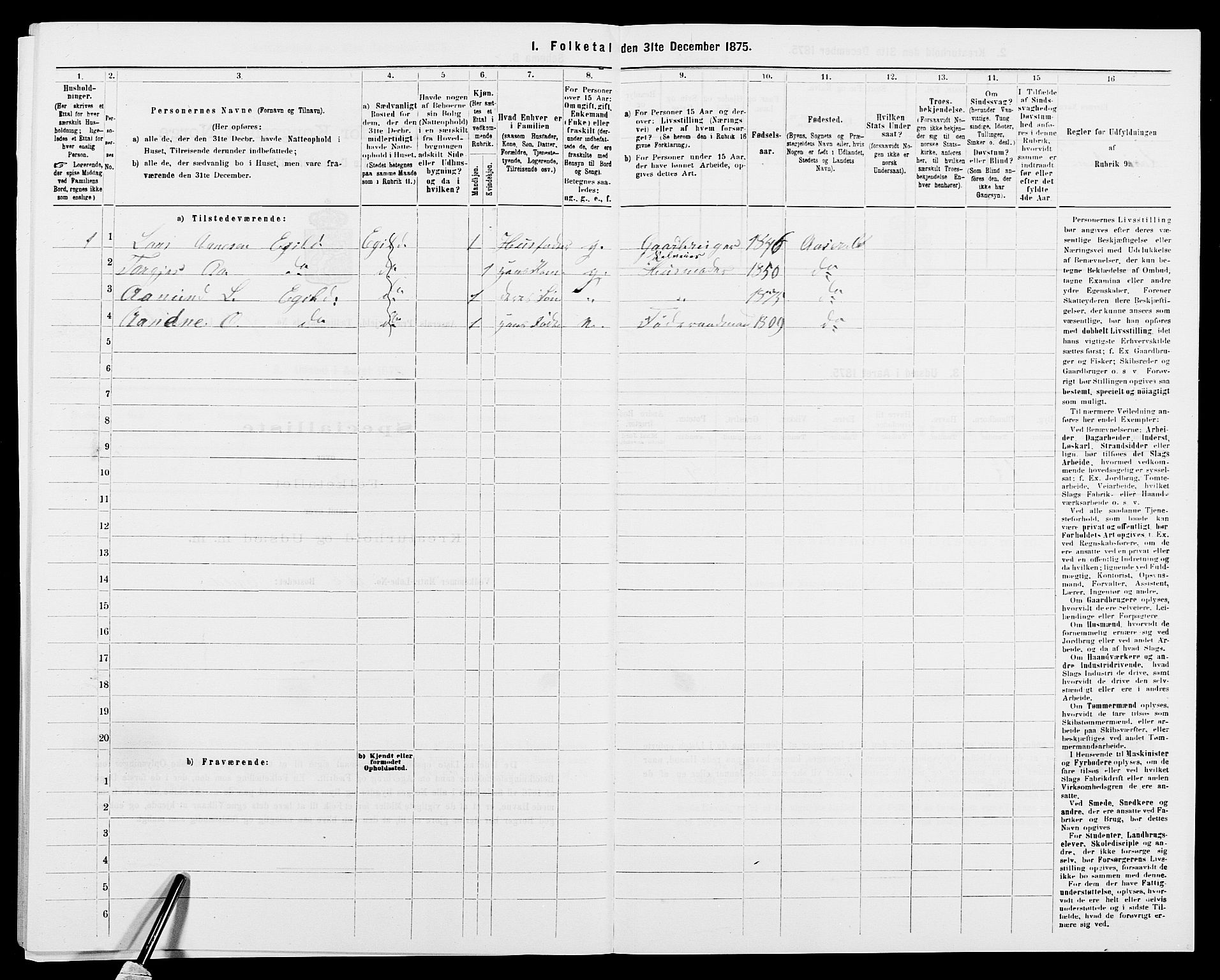 SAK, 1875 census for 0980P Åseral, 1875, p. 344