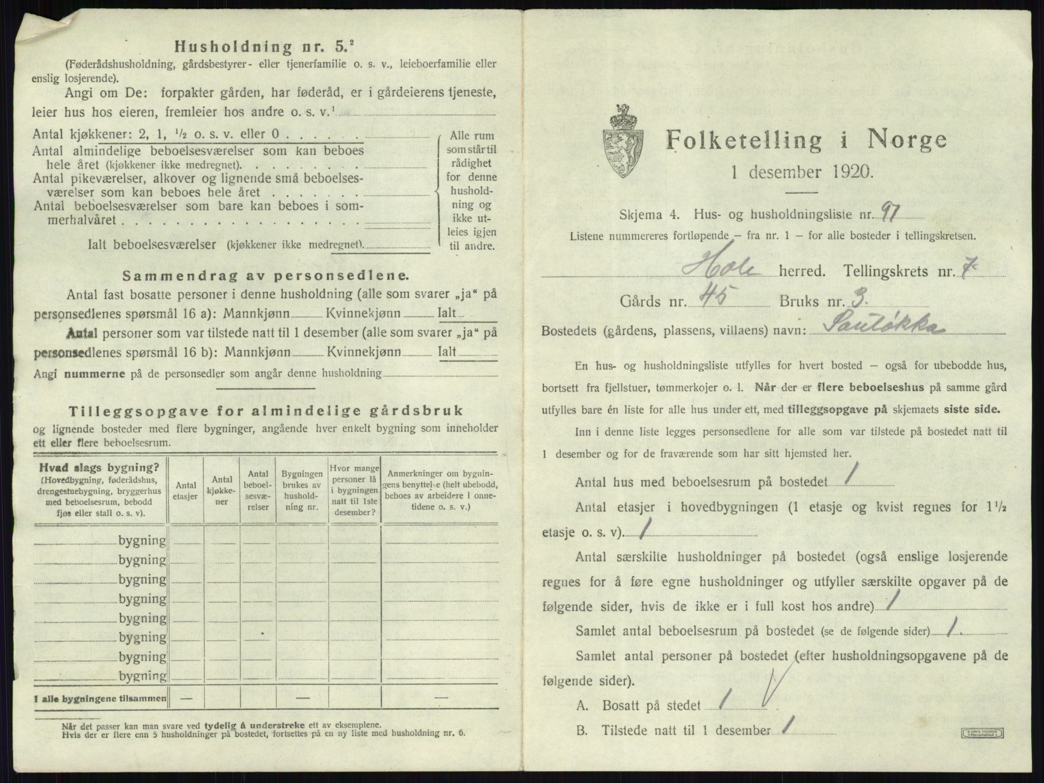 SAKO, 1920 census for Hole, 1920, p. 965