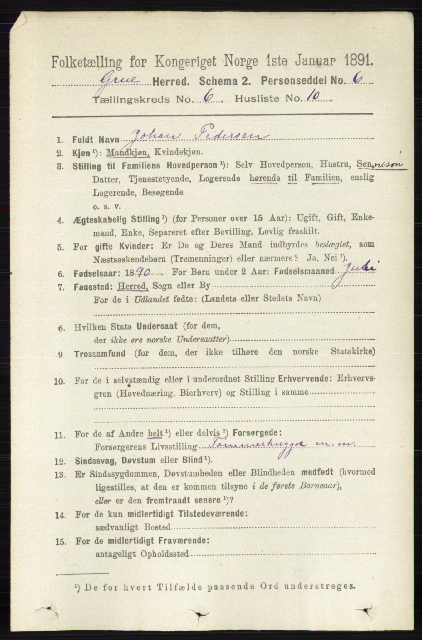 RA, 1891 census for 0423 Grue, 1891, p. 3285