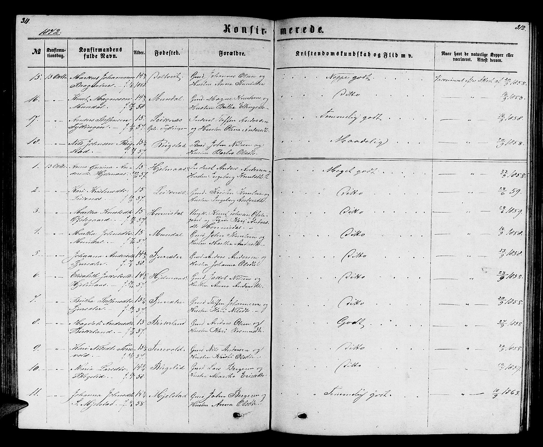 Hamre sokneprestembete, SAB/A-75501/H/Ha/Hab: Parish register (copy) no. B 2, 1863-1880, p. 311-312