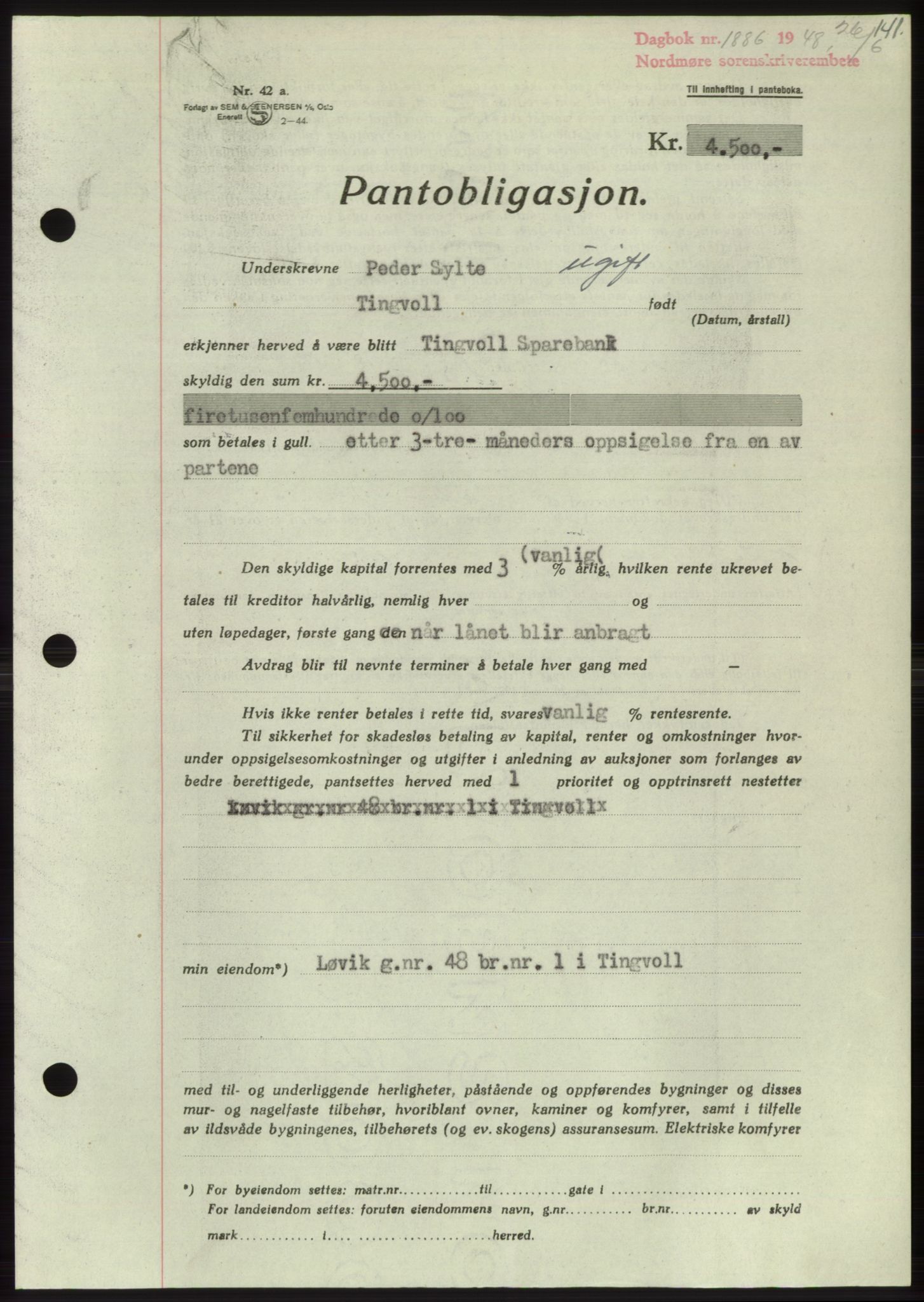 Nordmøre sorenskriveri, AV/SAT-A-4132/1/2/2Ca: Mortgage book no. B99, 1948-1948, Diary no: : 1886/1948