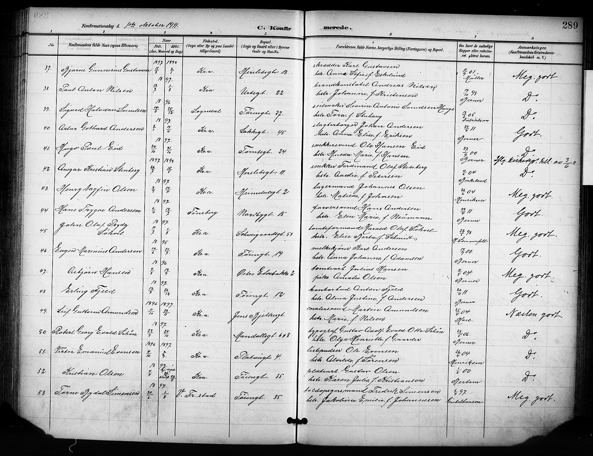 Grønland prestekontor Kirkebøker, SAO/A-10848/F/Fa/L0015: Parish register (official) no. 15, 1899-1919, p. 289