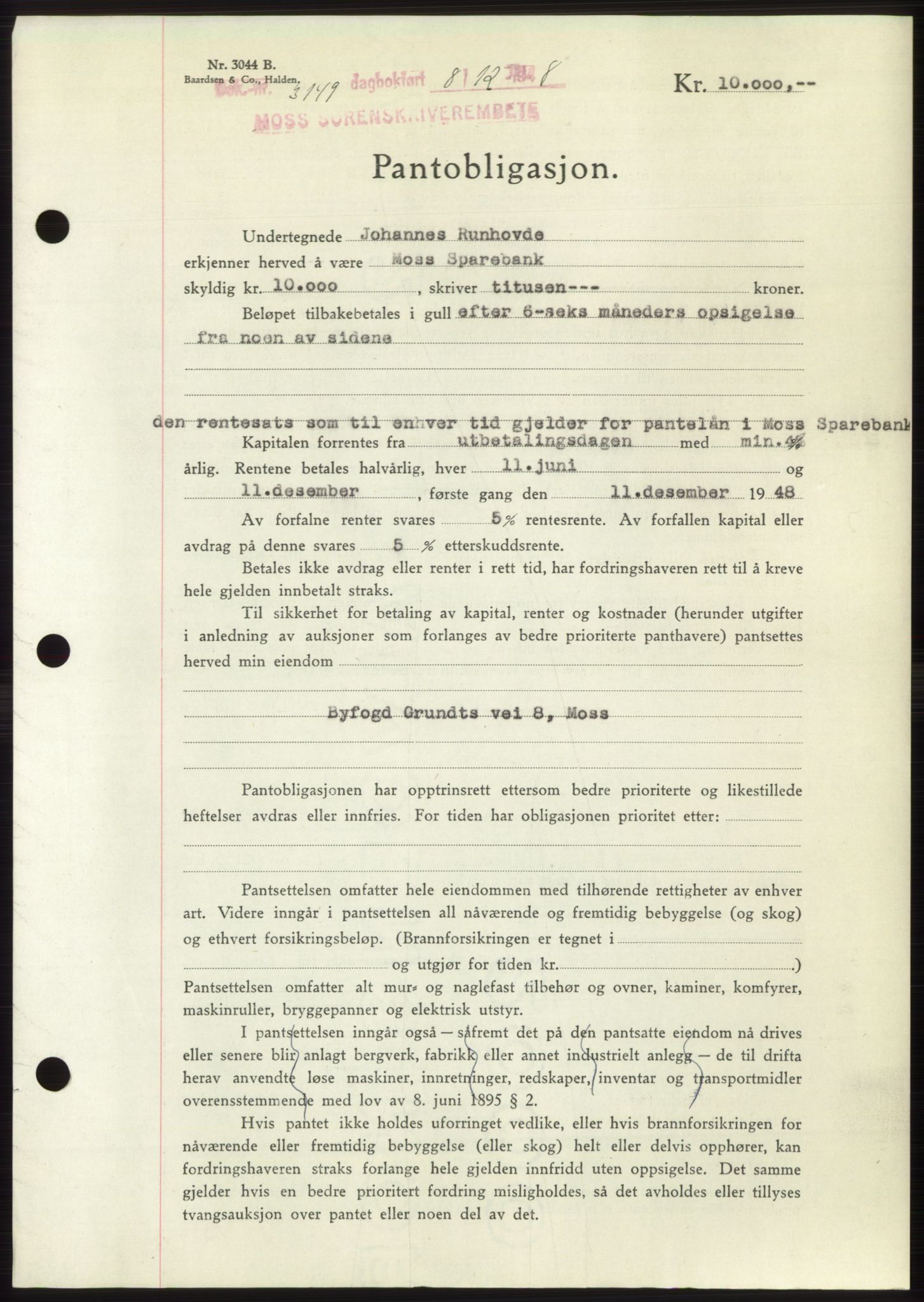 Moss sorenskriveri, AV/SAO-A-10168: Mortgage book no. B20, 1948-1948, Diary no: : 3149/1948