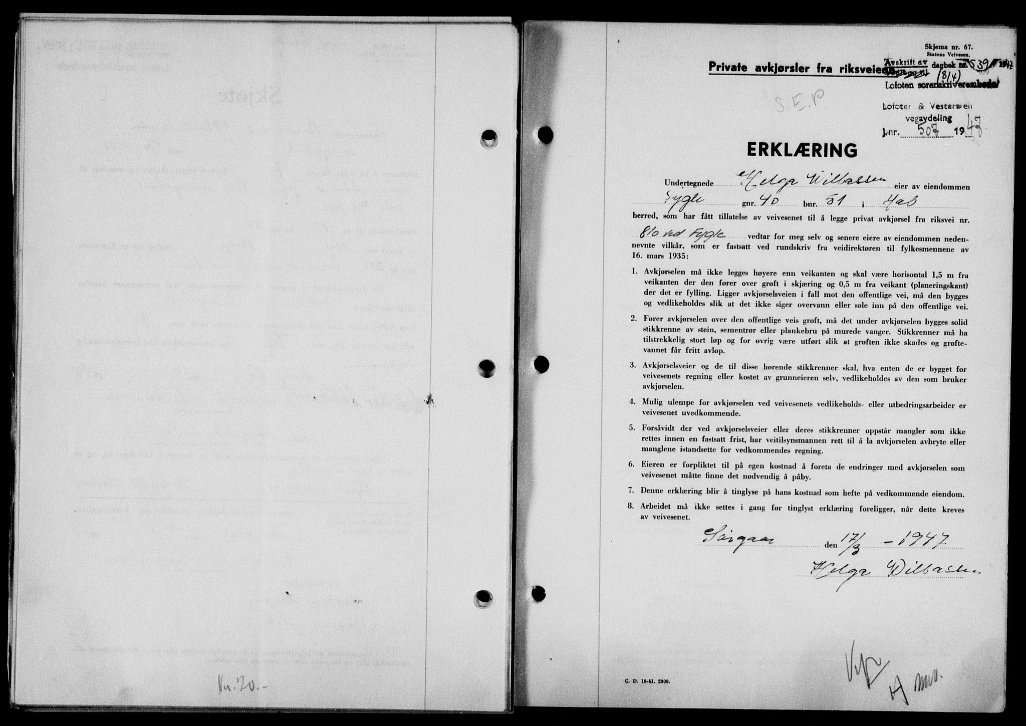 Lofoten sorenskriveri, SAT/A-0017/1/2/2C/L0015a: Mortgage book no. 15a, 1946-1947, Diary no: : 539/1947