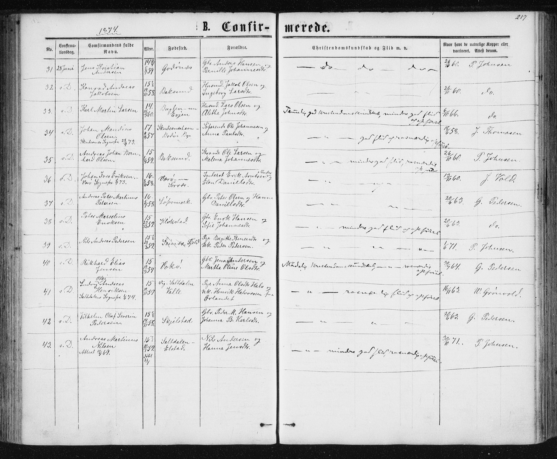 Ministerialprotokoller, klokkerbøker og fødselsregistre - Nordland, AV/SAT-A-1459/801/L0008: Parish register (official) no. 801A08, 1864-1875, p. 217