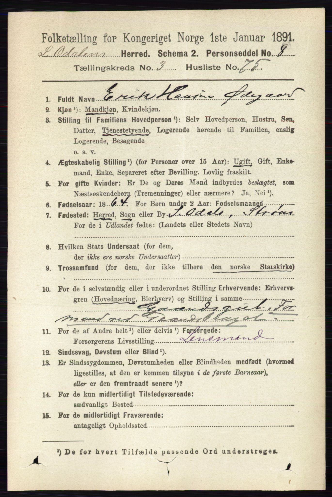 RA, 1891 census for 0419 Sør-Odal, 1891, p. 1648