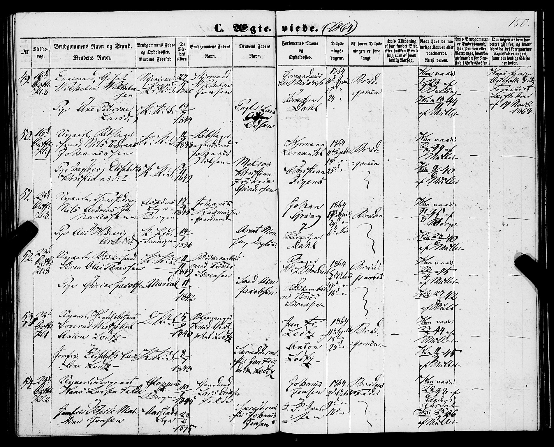 Korskirken sokneprestembete, SAB/A-76101/H/Haa/L0035: Parish register (official) no. D 2, 1852-1867, p. 150
