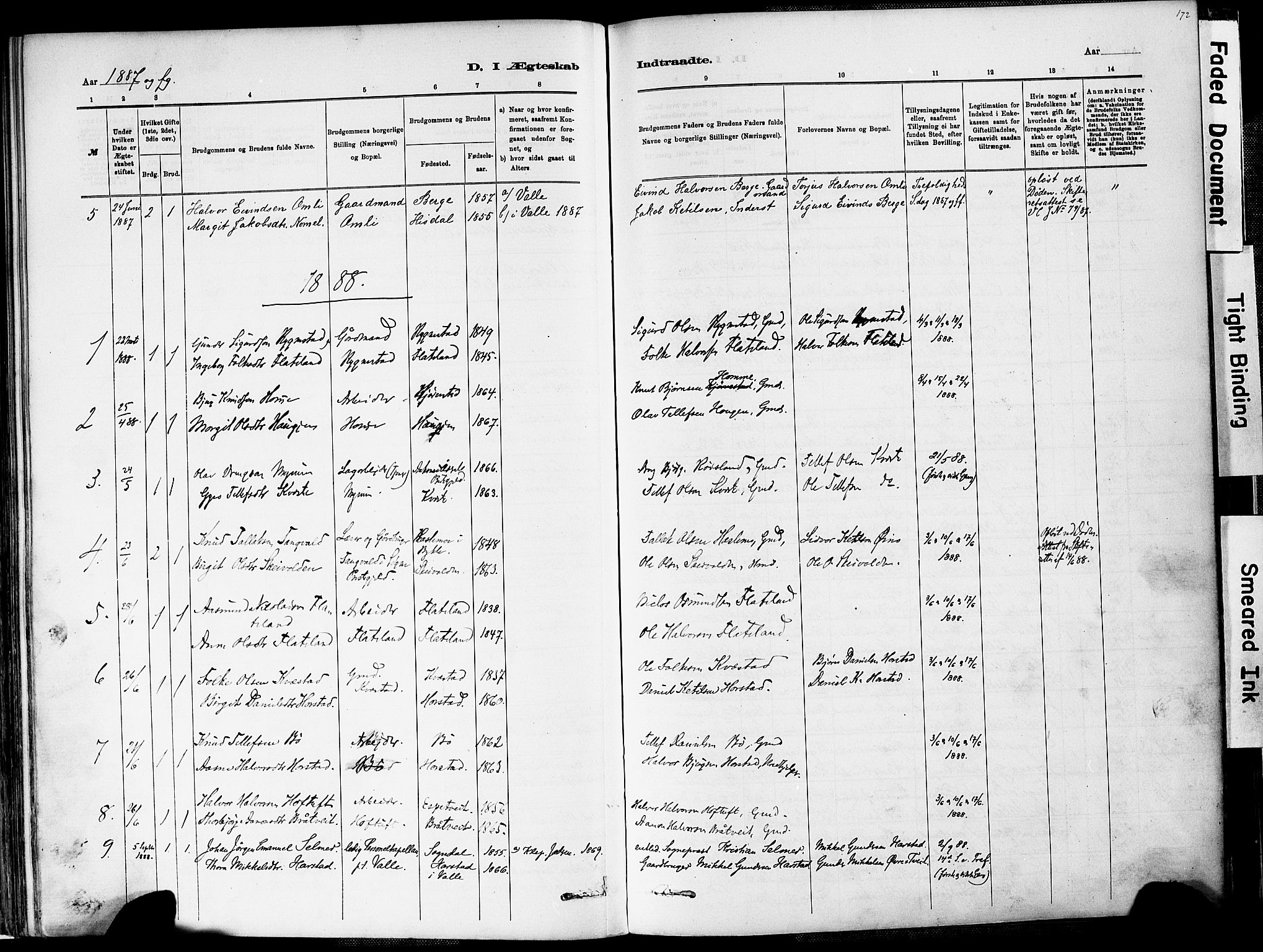 Valle sokneprestkontor, SAK/1111-0044/F/Fa/Fac/L0009: Parish register (official) no. A 9, 1882-1913, p. 172