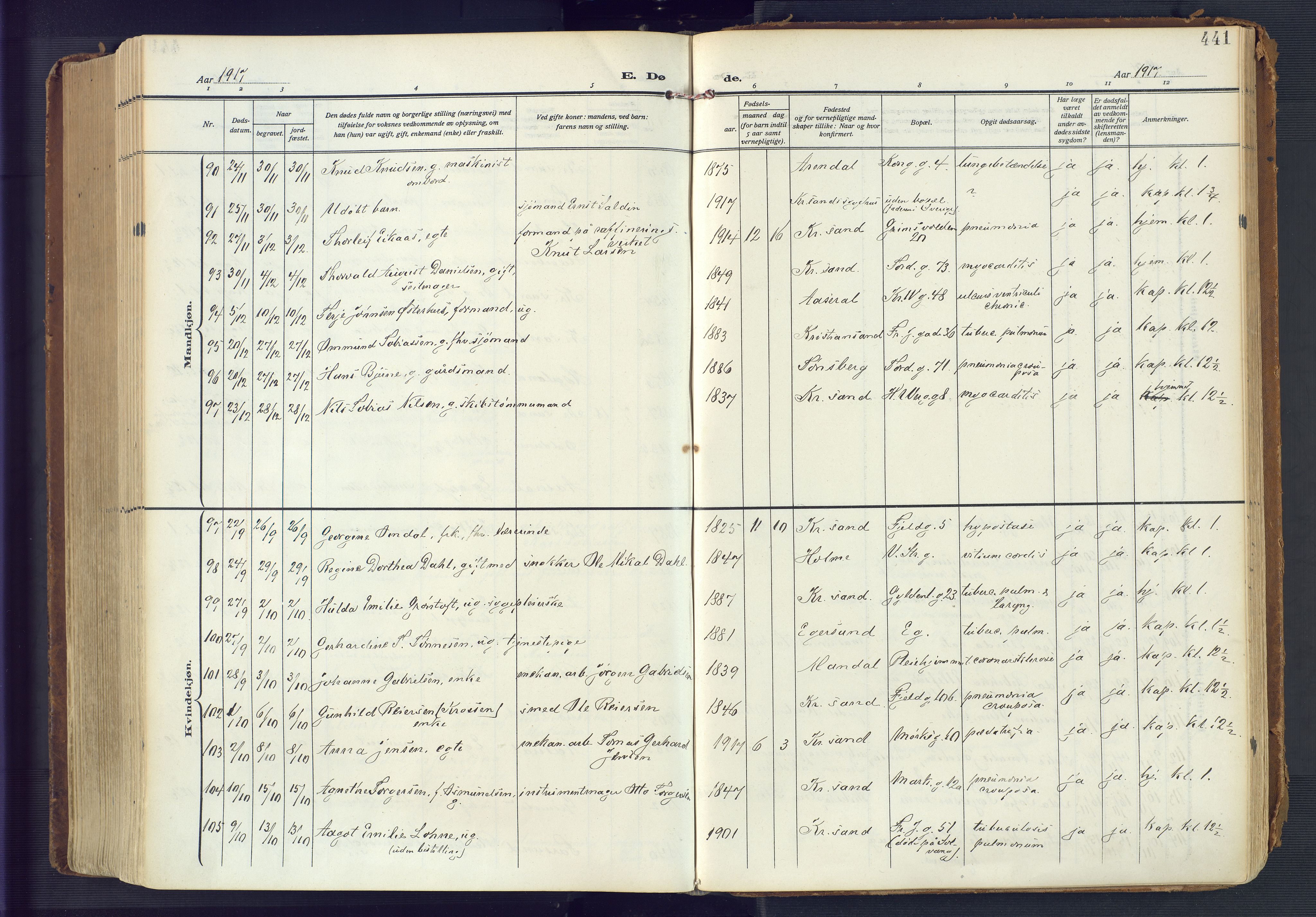 Kristiansand domprosti, AV/SAK-1112-0006/F/Fa/L0023: Parish register (official) no. A 22, 1909-1917, p. 441