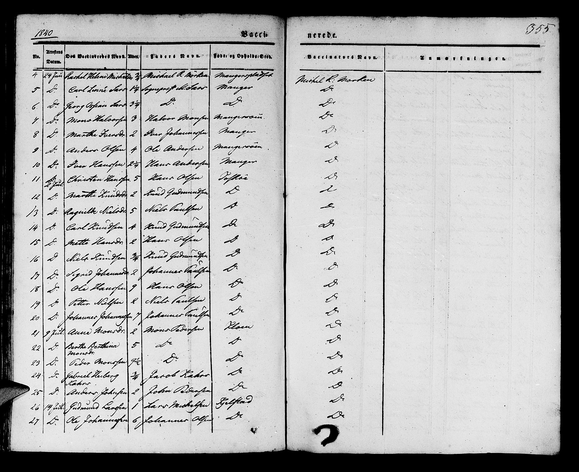 Manger sokneprestembete, AV/SAB-A-76801/H/Haa: Parish register (official) no. A 5, 1839-1848, p. 355