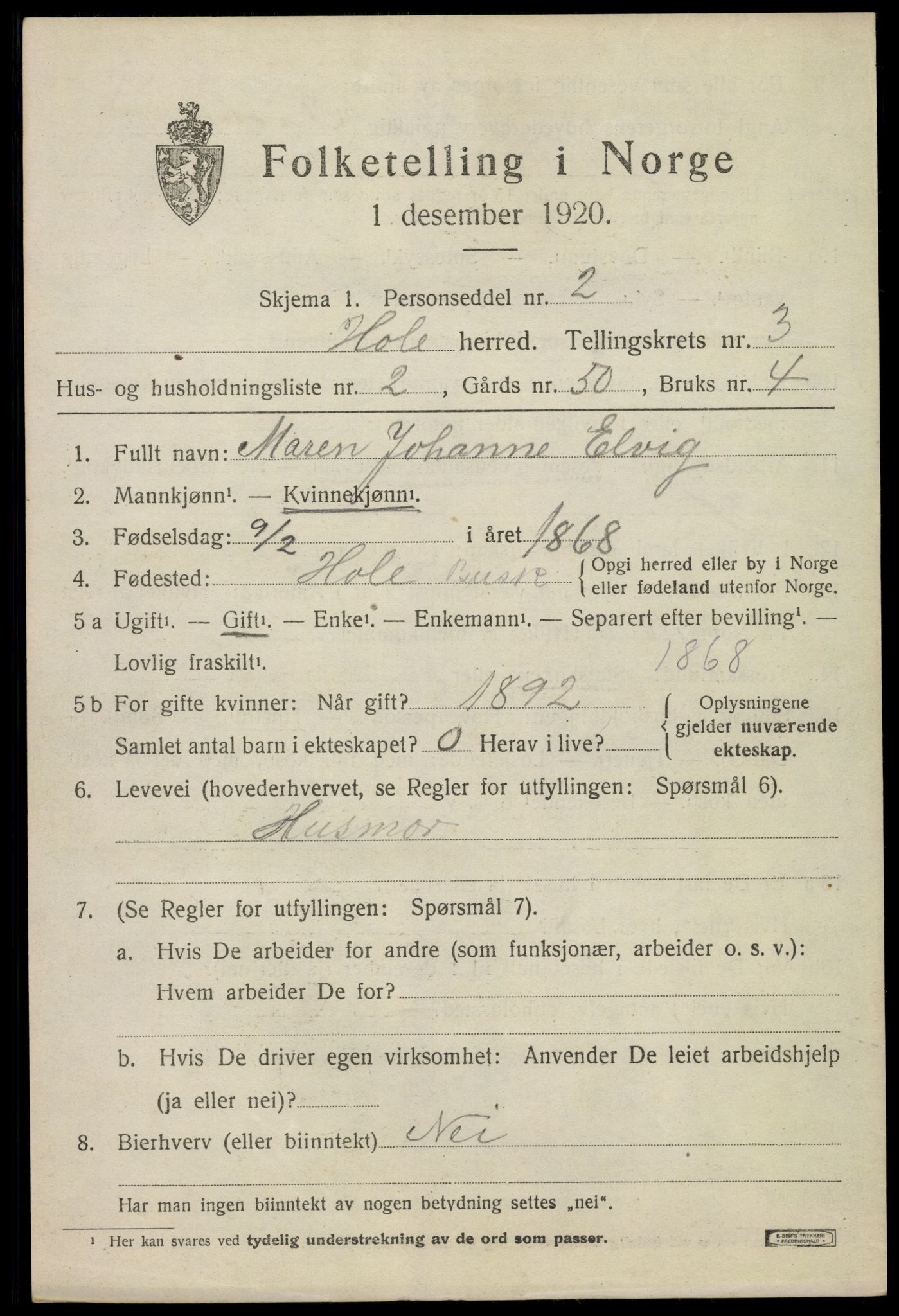 SAKO, 1920 census for Hole, 1920, p. 2737