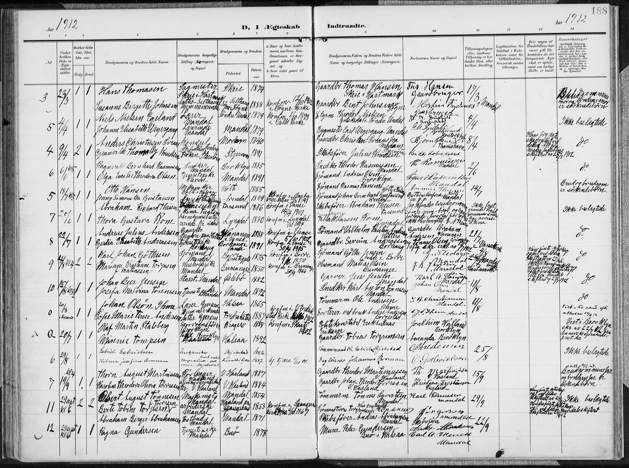 Mandal sokneprestkontor, AV/SAK-1111-0030/F/Fa/Faa/L0020: Parish register (official) no. A 20, 1906-1912, p. 188