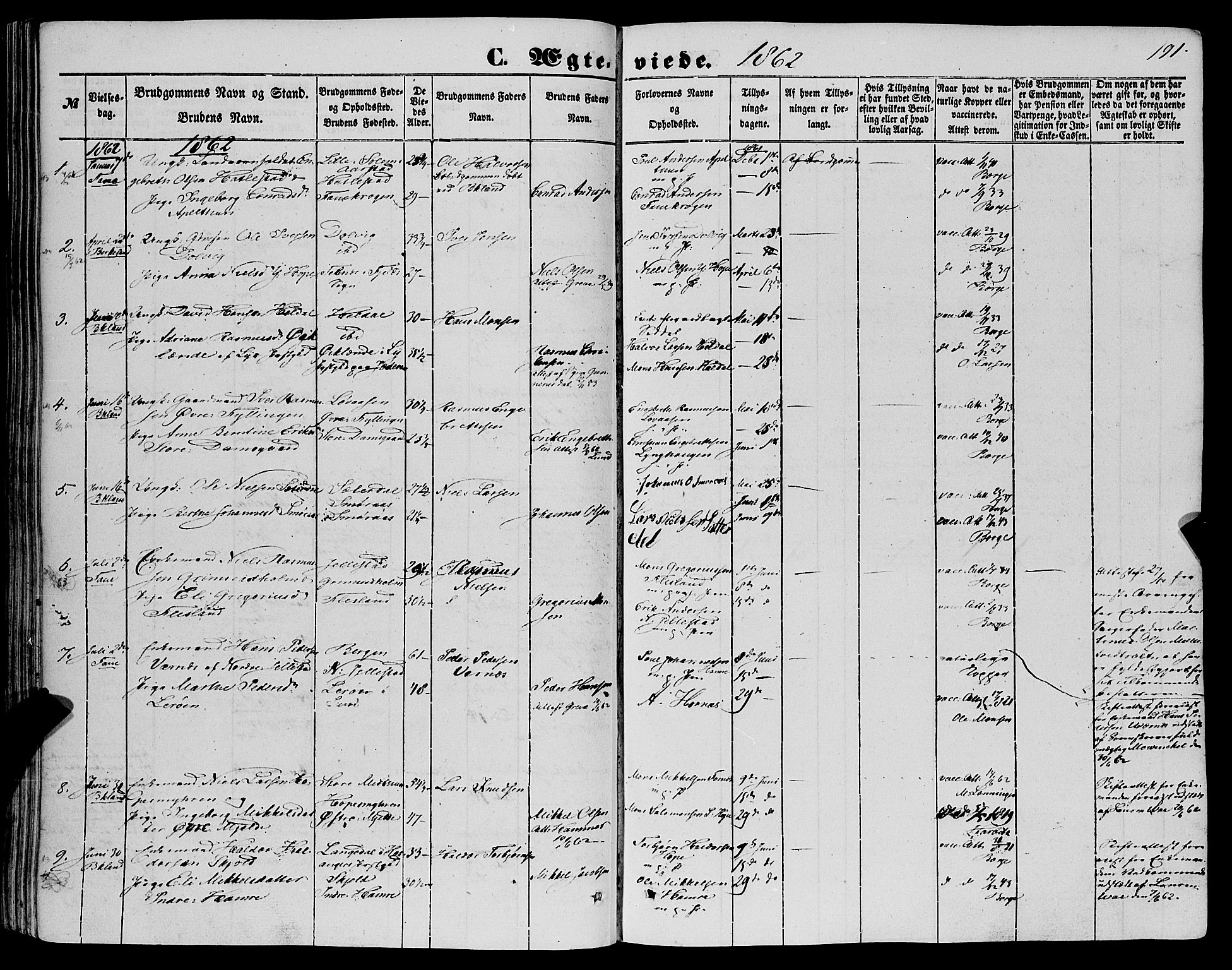 Fana Sokneprestembete, SAB/A-75101/H/Haa/Haaa/L0011: Parish register (official) no. A 11, 1851-1862, p. 191