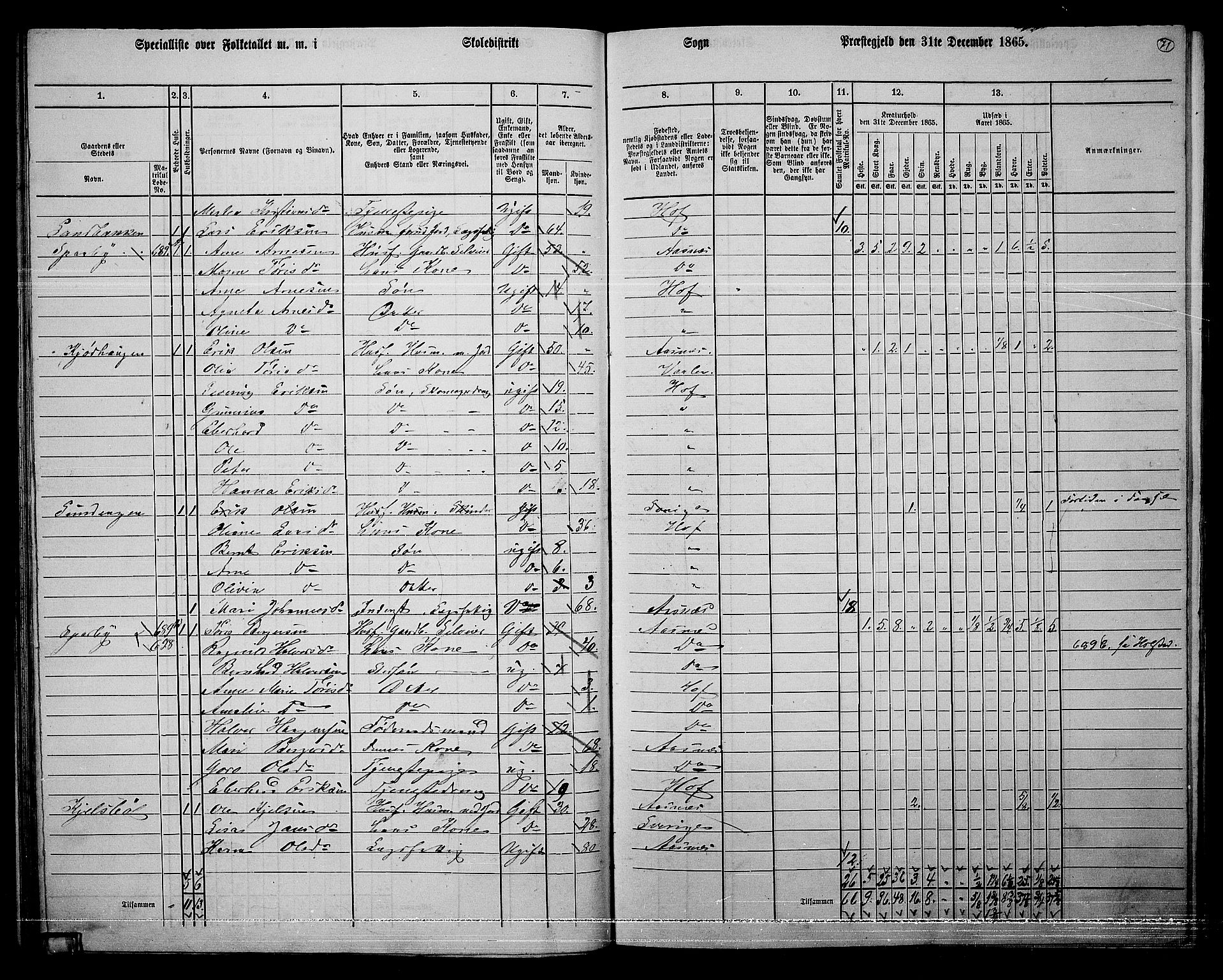 RA, 1865 census for Hof, 1865, p. 67