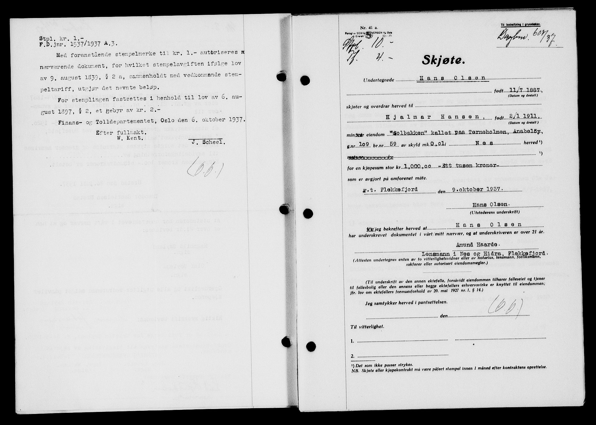 Flekkefjord sorenskriveri, SAK/1221-0001/G/Gb/Gba/L0054: Mortgage book no. A-2, 1937-1938, Diary no: : 603/1937