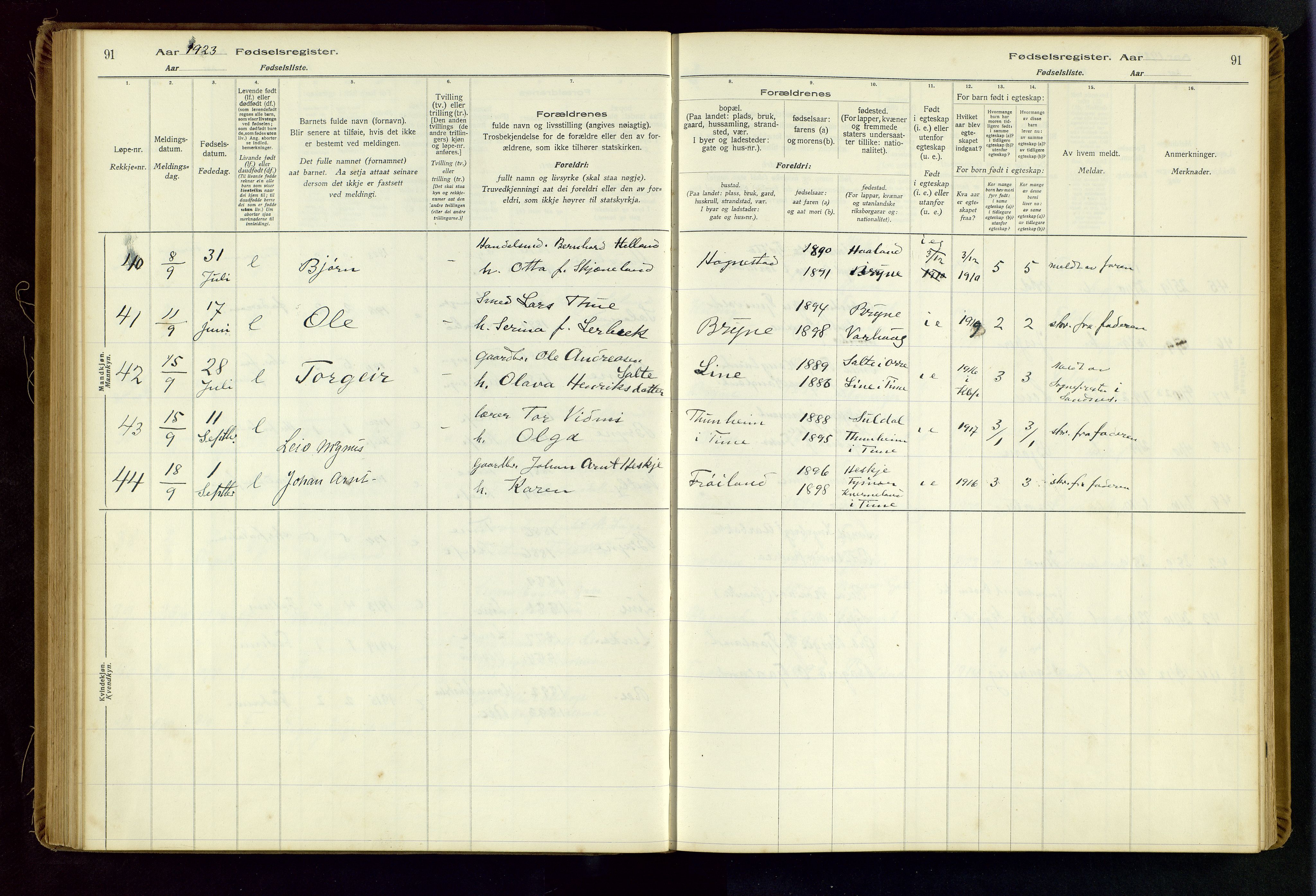 Time sokneprestkontor, AV/SAST-A-101795/001/704BA/L0001: Birth register no. 1, 1916-1934, p. 91