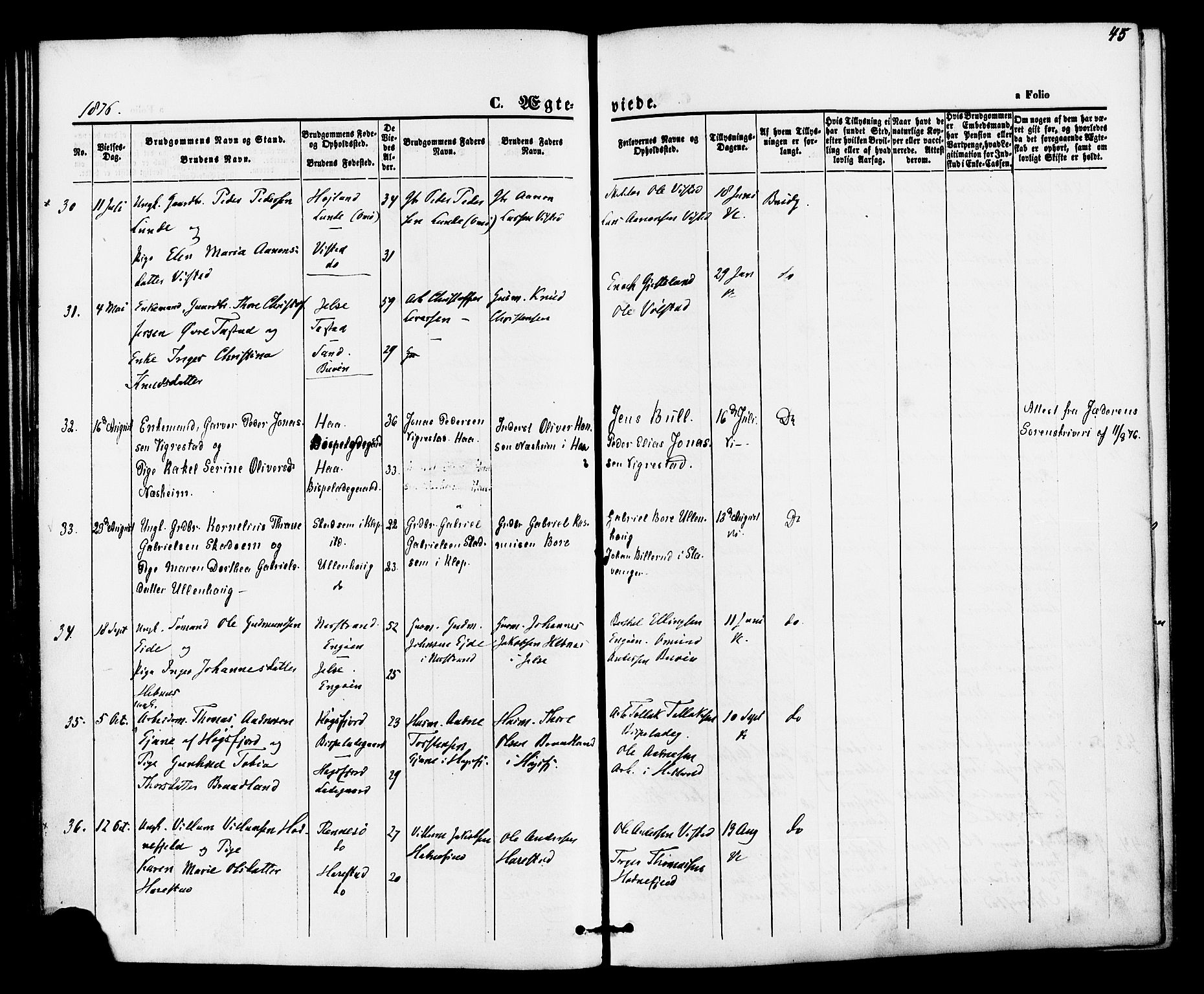 Hetland sokneprestkontor, AV/SAST-A-101826/30/30BA/L0005: Parish register (official) no. A 5, 1869-1884, p. 45