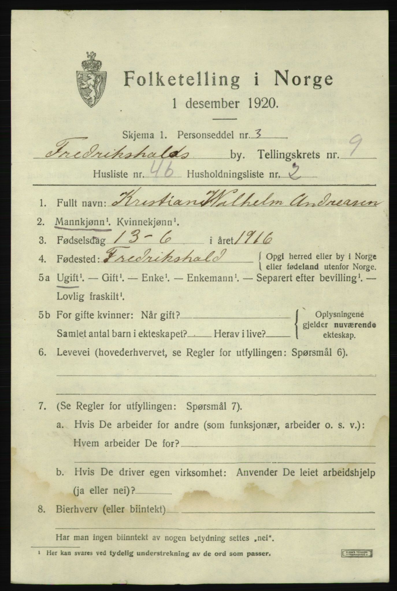 SAO, 1920 census for Fredrikshald, 1920, p. 16965